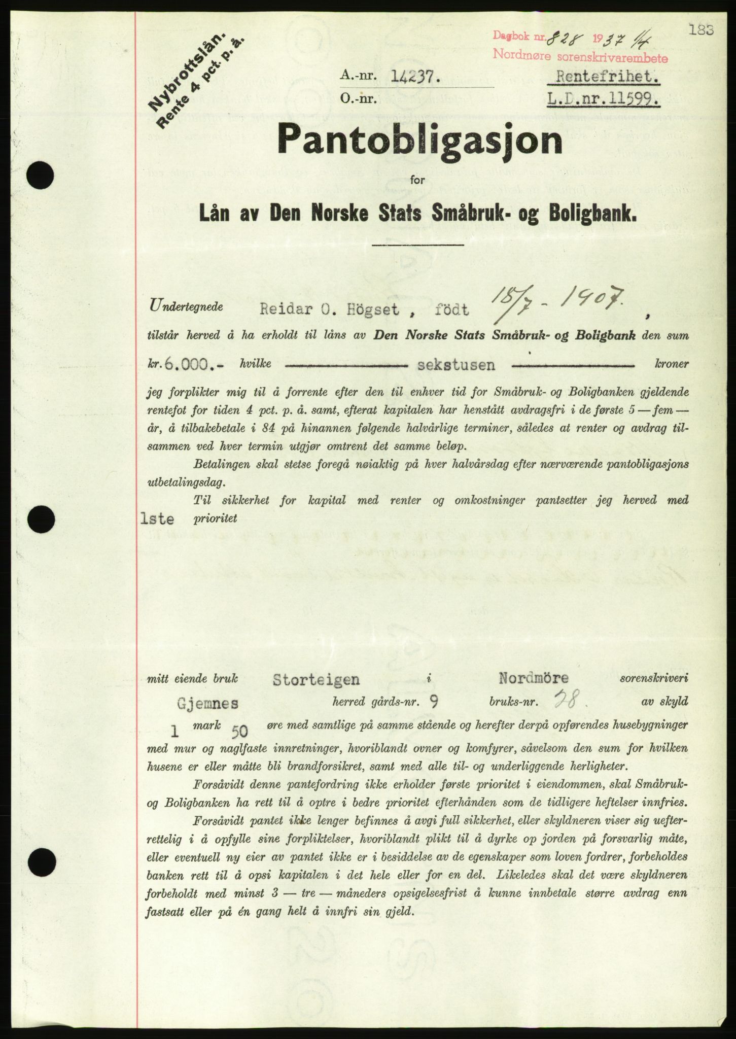 Nordmøre sorenskriveri, AV/SAT-A-4132/1/2/2Ca/L0091: Mortgage book no. B81, 1937-1937, Diary no: : 828/1937