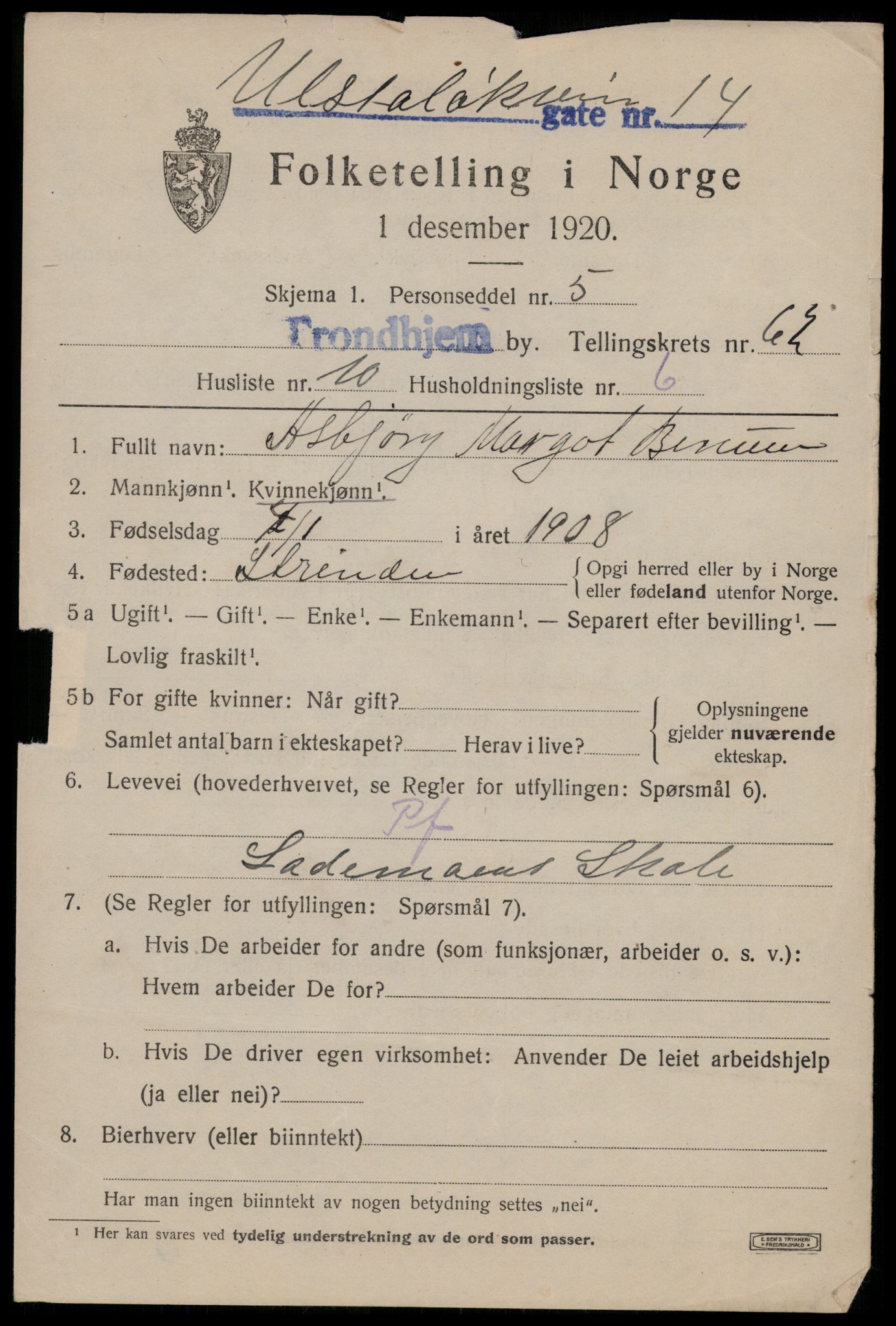 SAT, 1920 census for Trondheim, 1920, p. 125338