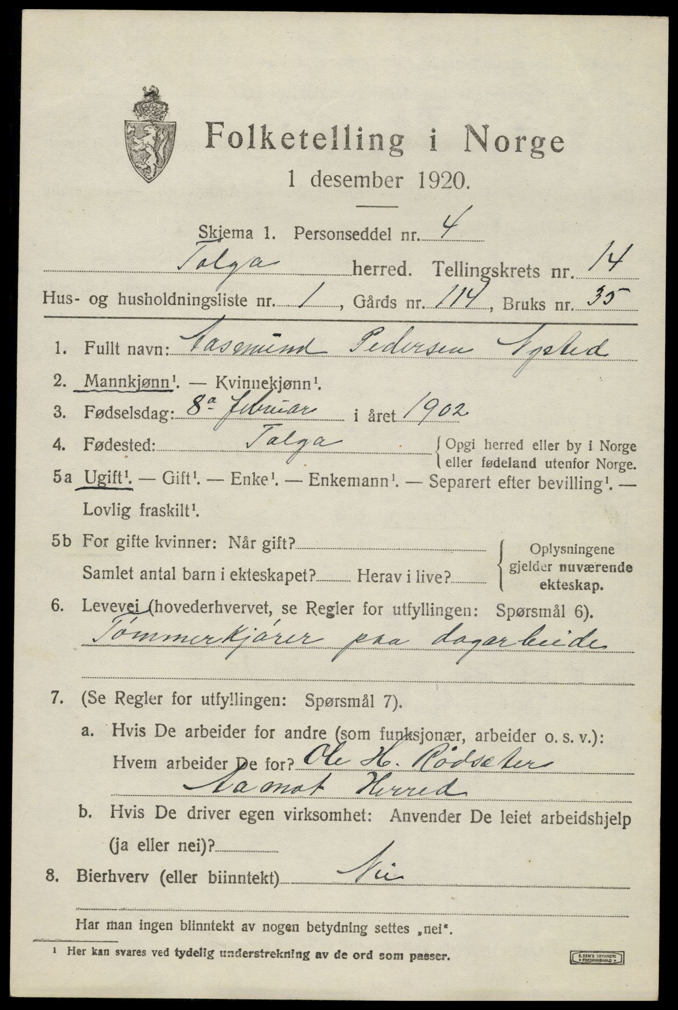 SAH, 1920 census for Tolga, 1920, p. 6243