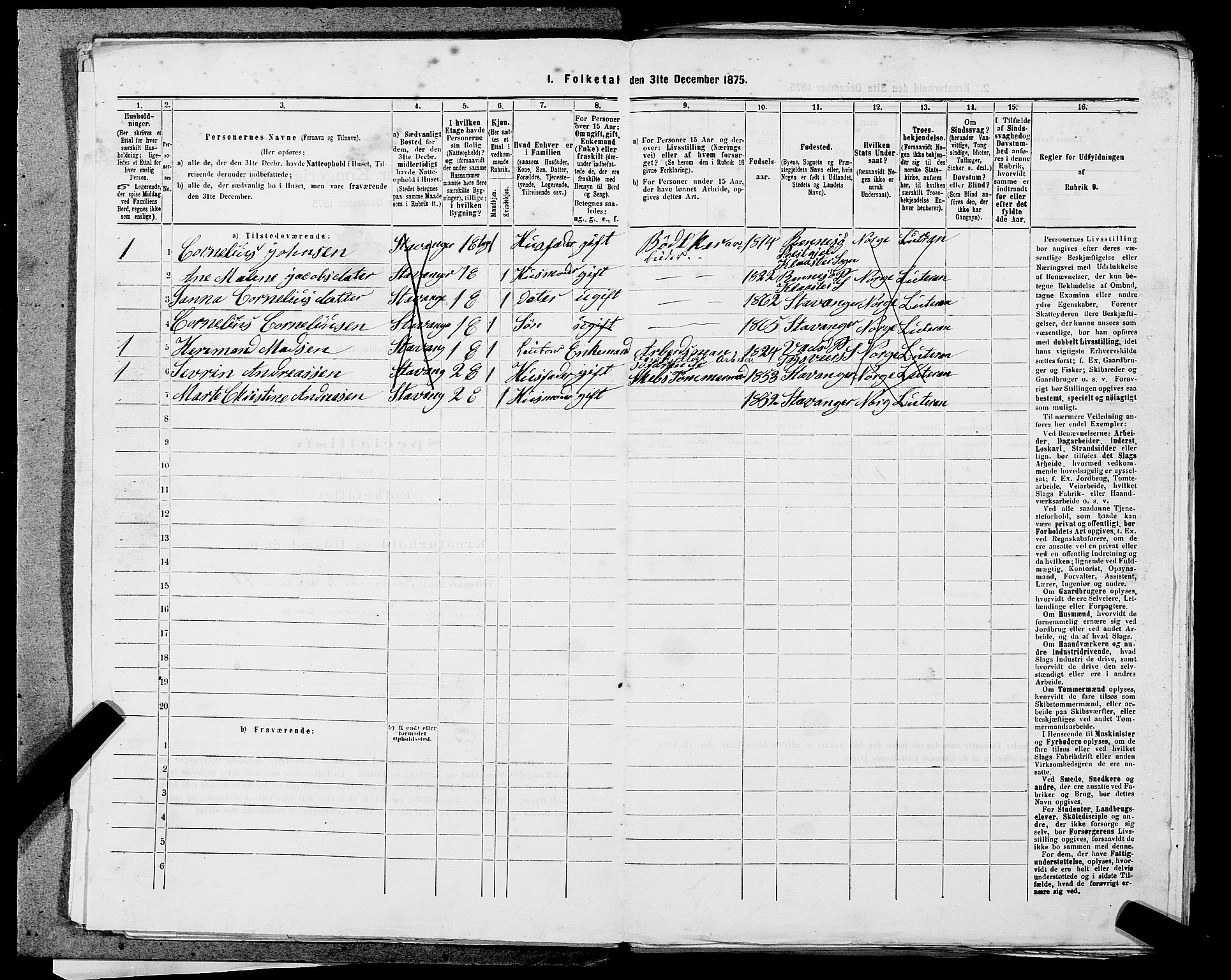 SAST, 1875 census for 1103 Stavanger, 1875, p. 1831