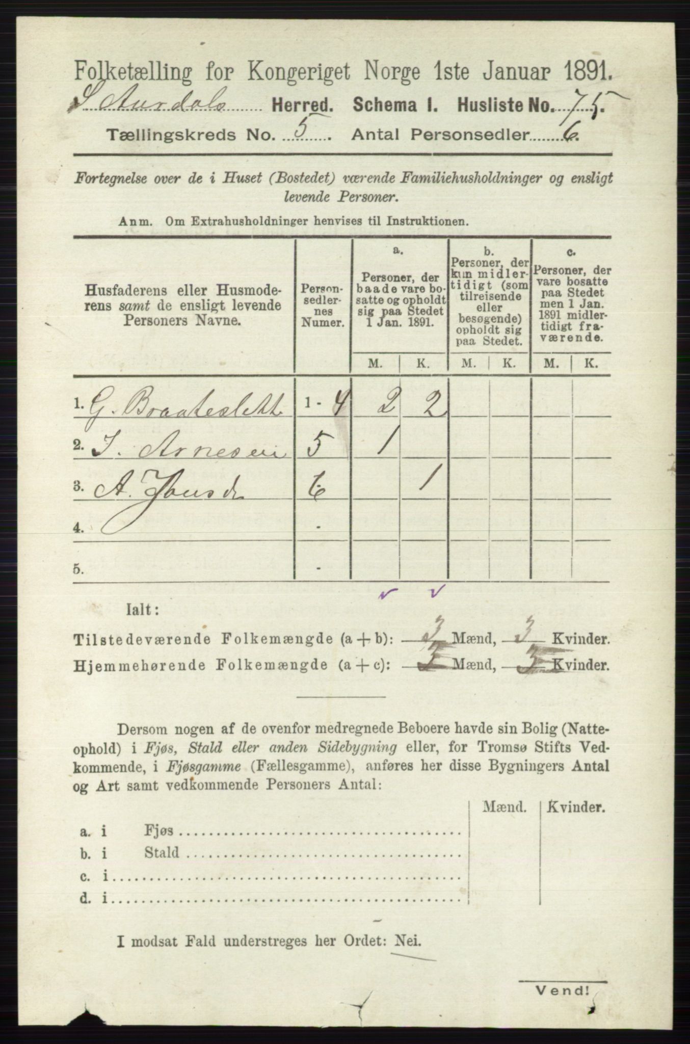 RA, 1891 census for 0540 Sør-Aurdal, 1891, p. 3148