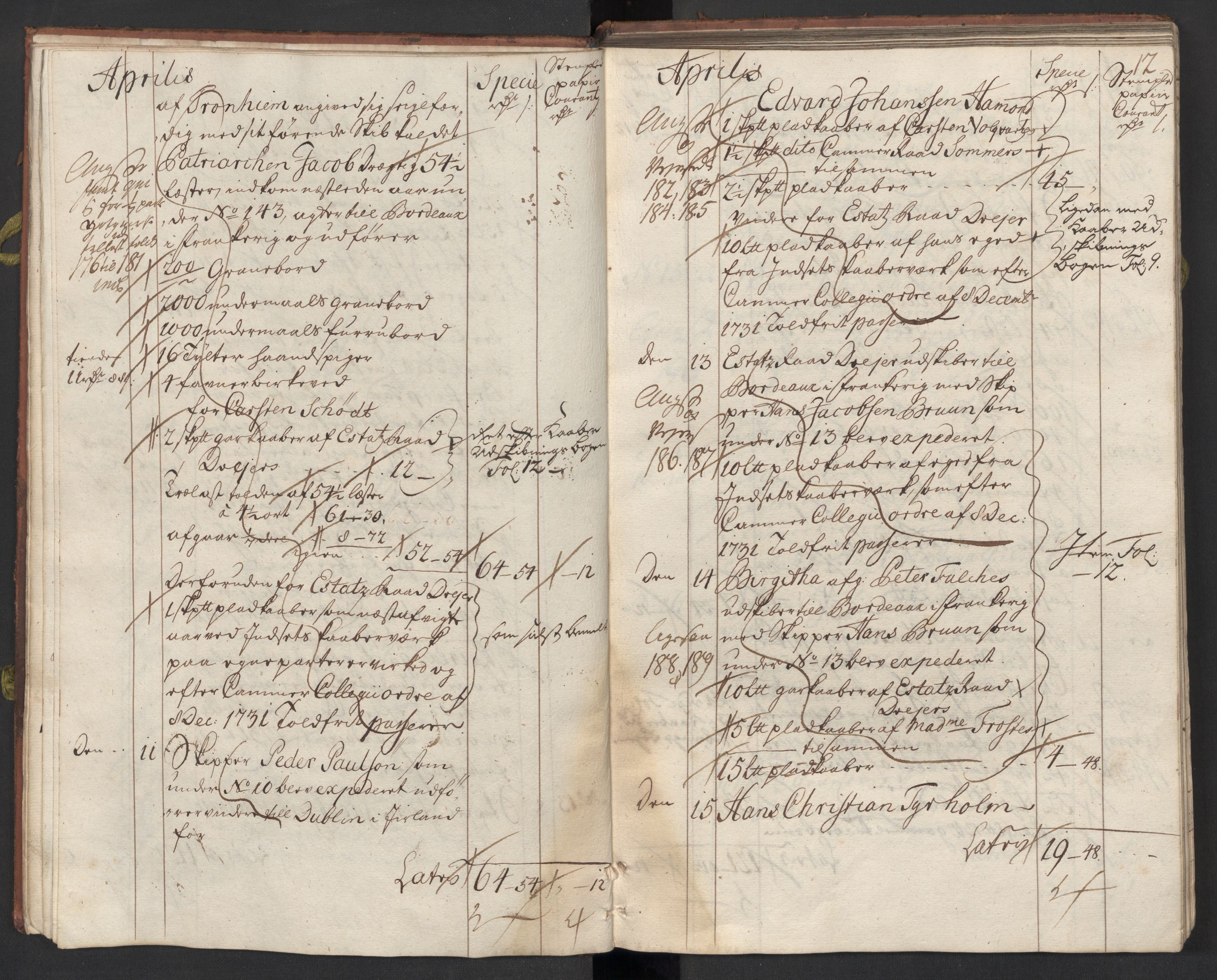 Generaltollkammeret, tollregnskaper, AV/RA-EA-5490/R33/L0015/0002: Tollregnskaper Trondheim A / Utgående tollbok, 1733, p. 11b-12a