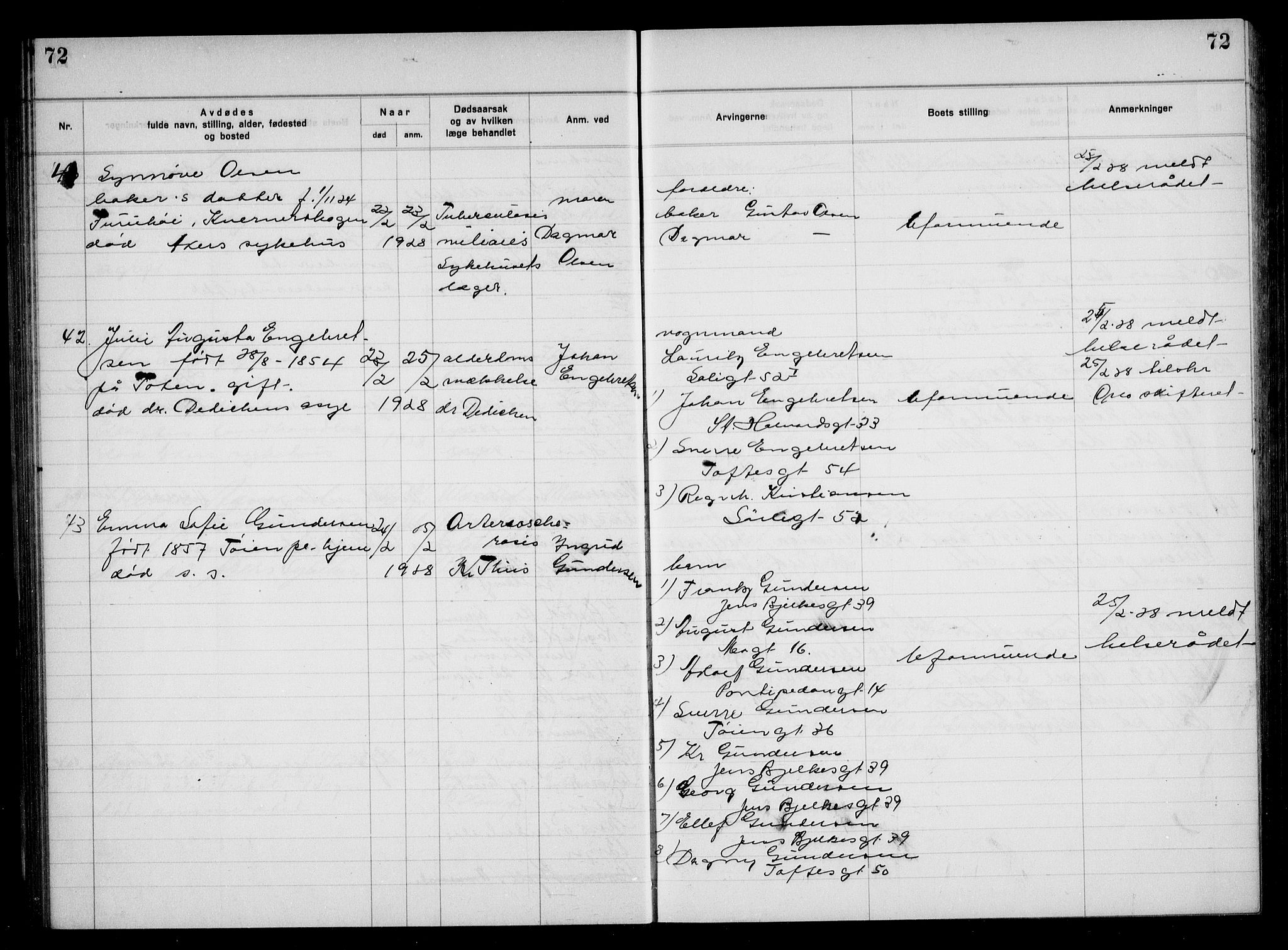 Aker kriminaldommer, skifte- og auksjonsforvalterembete, AV/SAO-A-10452/H/Hb/Hba/Hbac/L0002: Dødsfallsprotokoll for Østre Aker, 1927-1931, p. 72