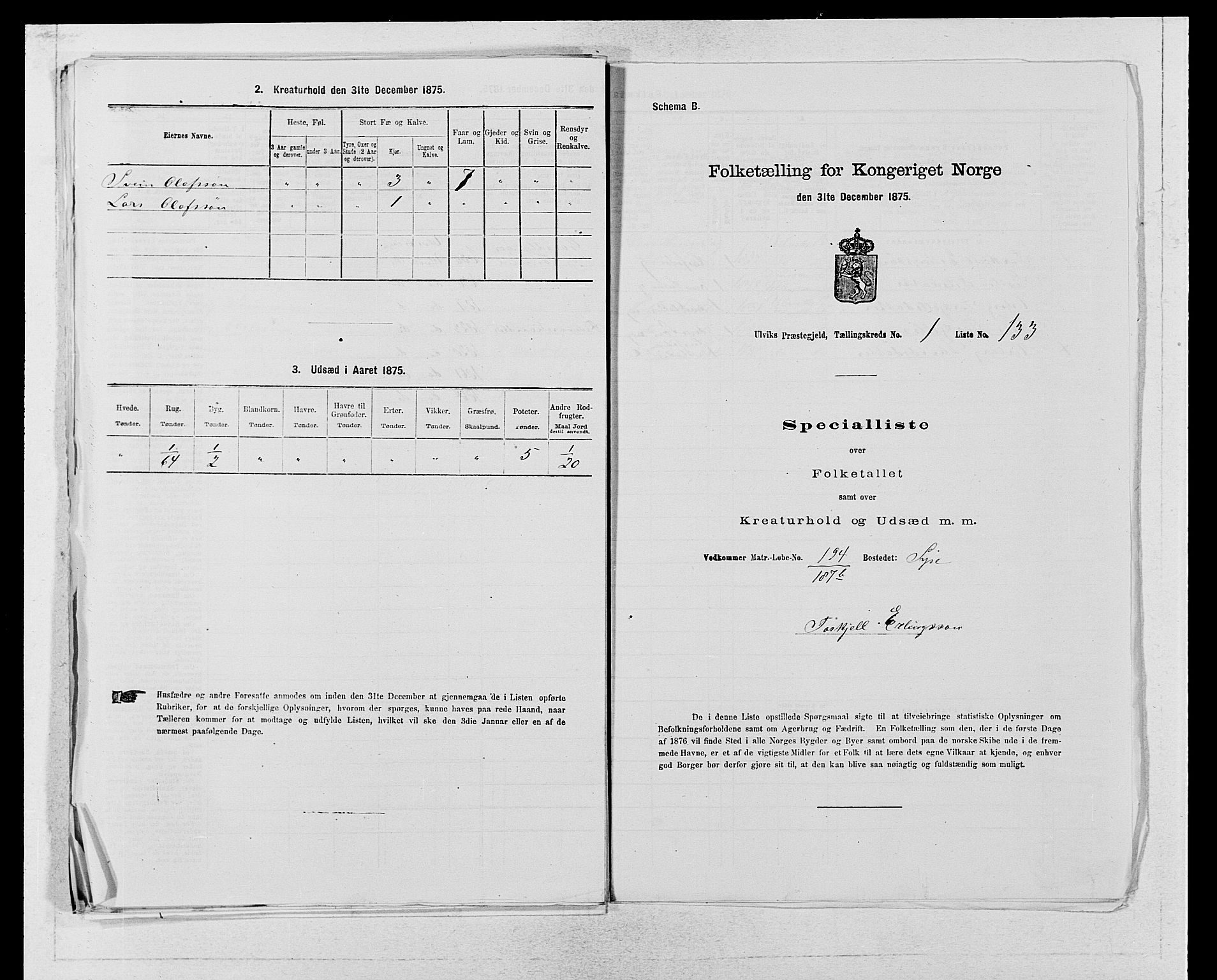 SAB, 1875 census for 1233P Ulvik, 1875, p. 293
