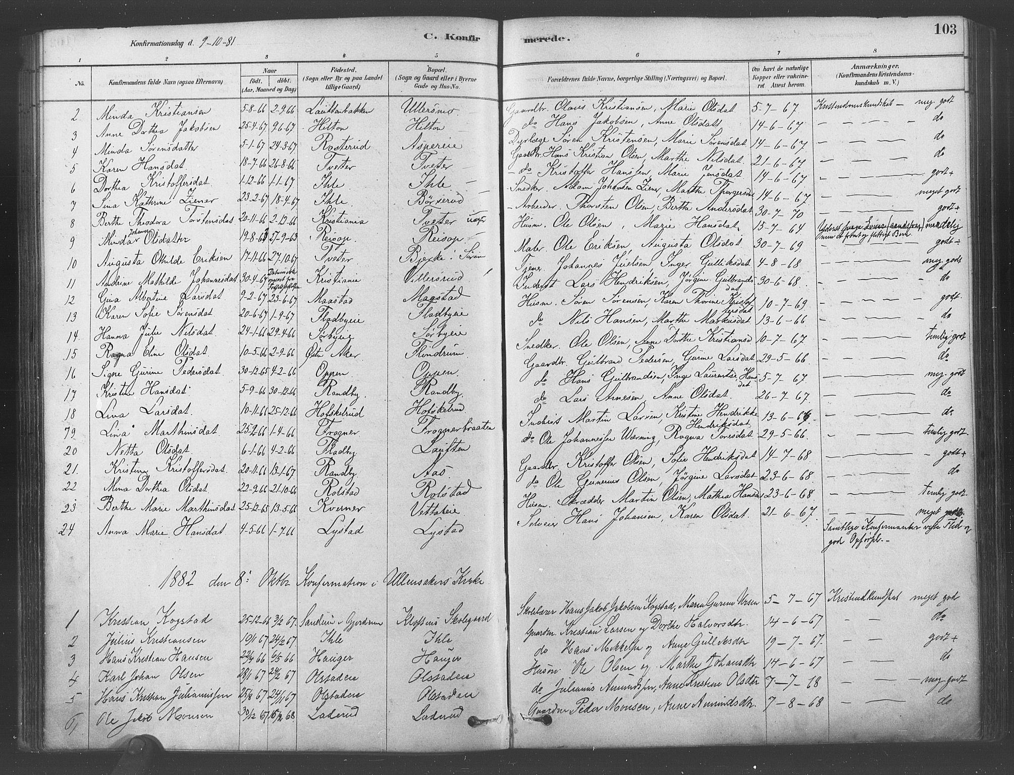 Ullensaker prestekontor Kirkebøker, SAO/A-10236a/F/Fa/L0019: Parish register (official) no. I 19, 1878-1891, p. 103