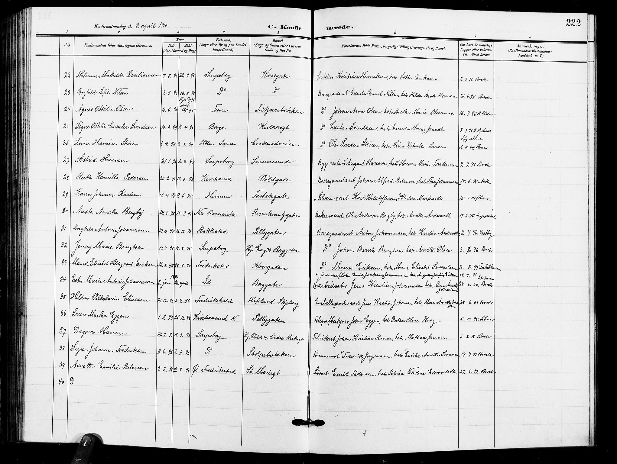 Sarpsborg prestekontor Kirkebøker, AV/SAO-A-2006/G/Ga/L0001: Parish register (copy) no. 1, 1902-1911, p. 222