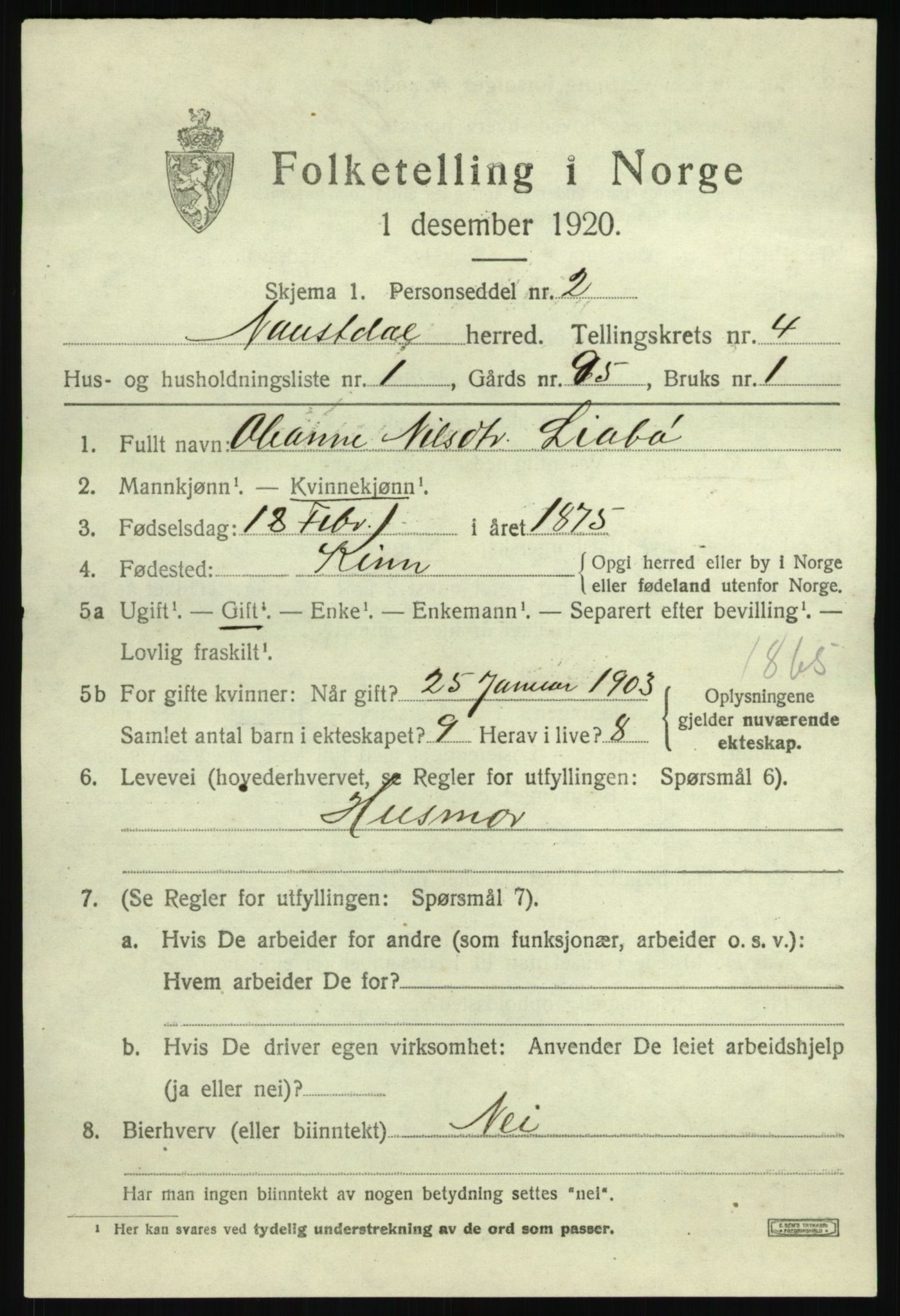 SAB, 1920 census for Naustdal, 1920, p. 2353