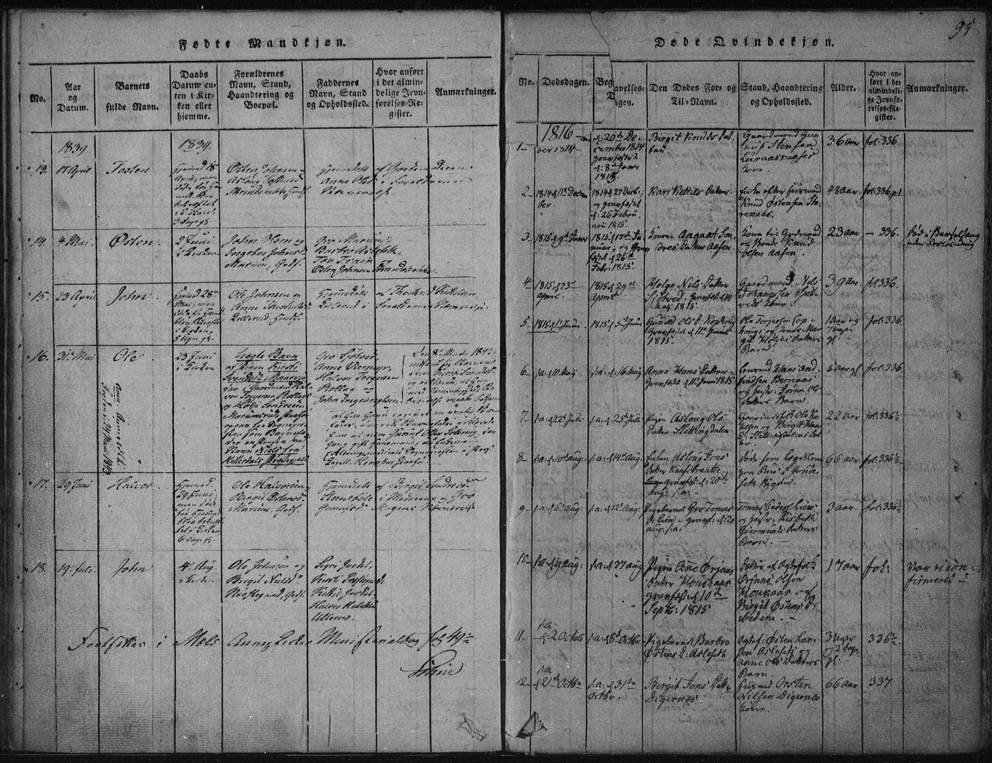 Tinn kirkebøker, AV/SAKO-A-308/F/Fa/L0004: Parish register (official) no. I 4, 1815-1843, p. 94b-95a