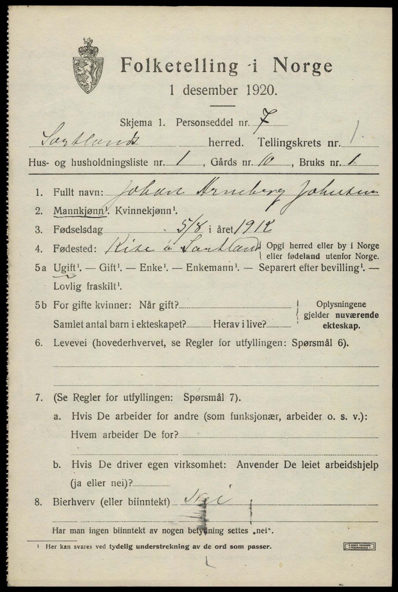 SAT, 1920 census for Sortland, 1920, p. 1568