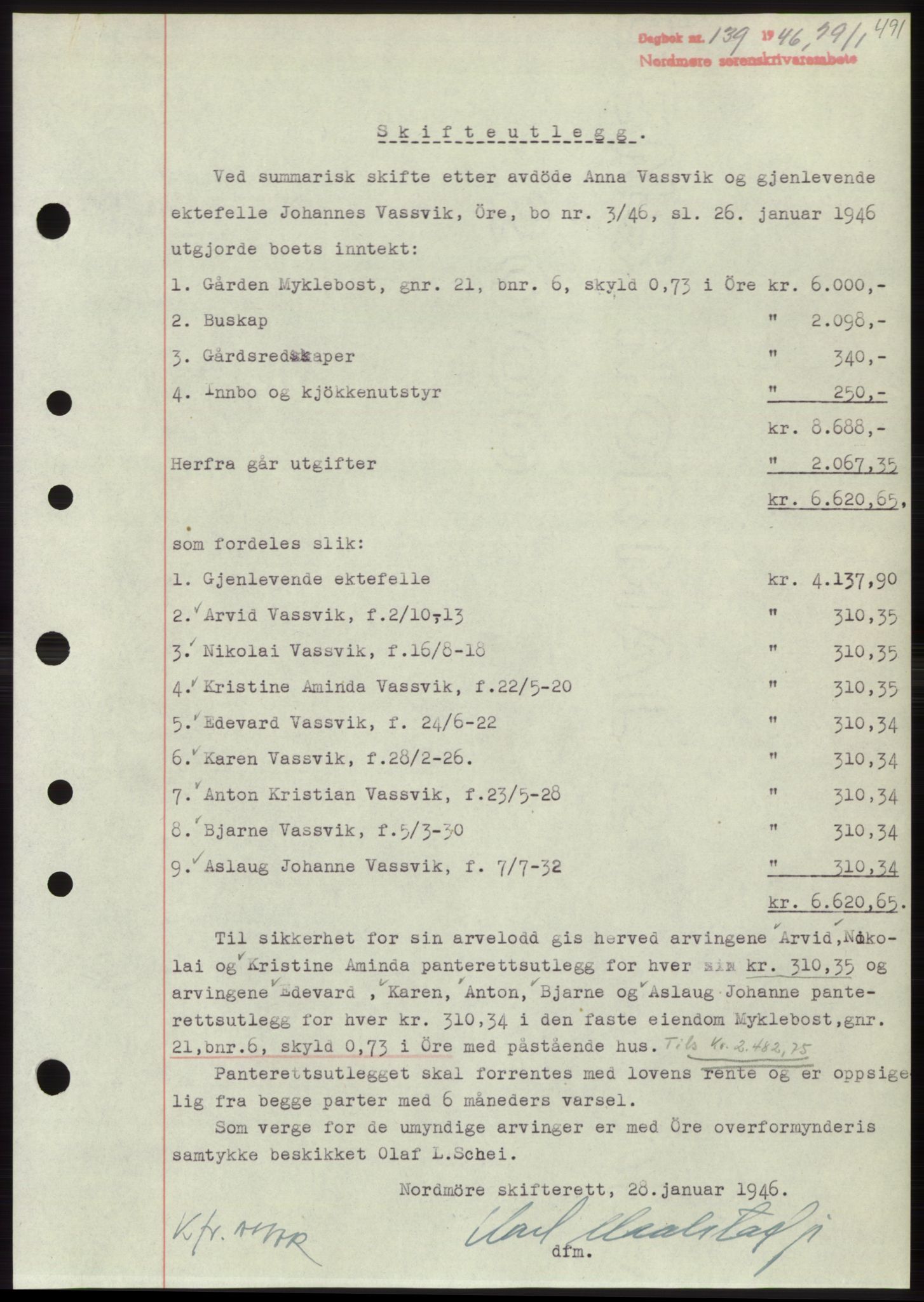 Nordmøre sorenskriveri, AV/SAT-A-4132/1/2/2Ca: Mortgage book no. B93b, 1946-1946, Diary no: : 139/1946