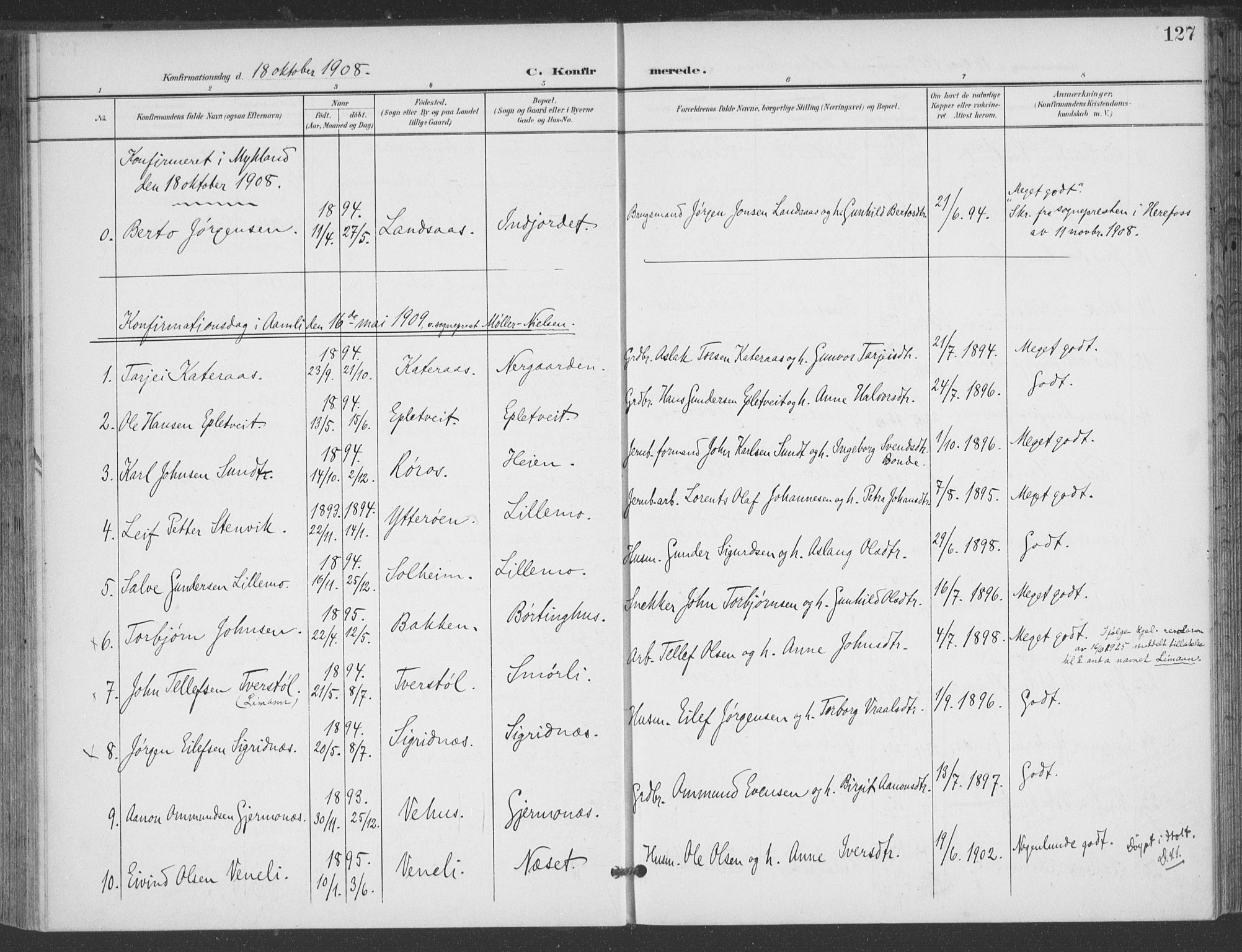 Åmli sokneprestkontor, AV/SAK-1111-0050/F/Fa/Fac/L0012: Parish register (official) no. A 12, 1900-1914, p. 127