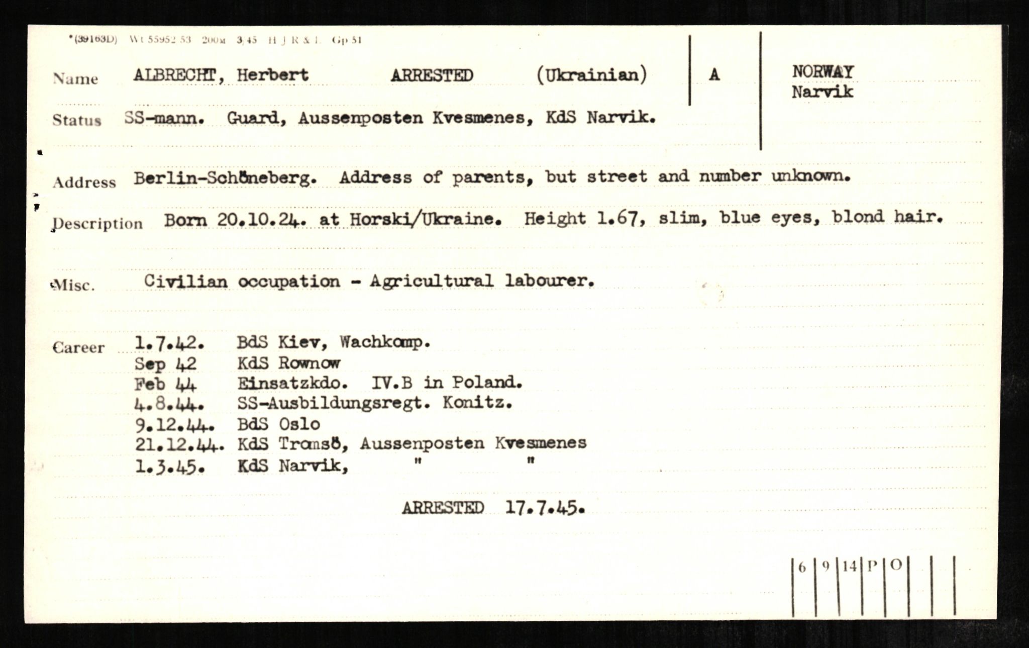 Forsvaret, Forsvarets overkommando II, AV/RA-RAFA-3915/D/Db/L0001: CI Questionaires. Tyske okkupasjonsstyrker i Norge. Tyskere., 1945-1946, p. 134