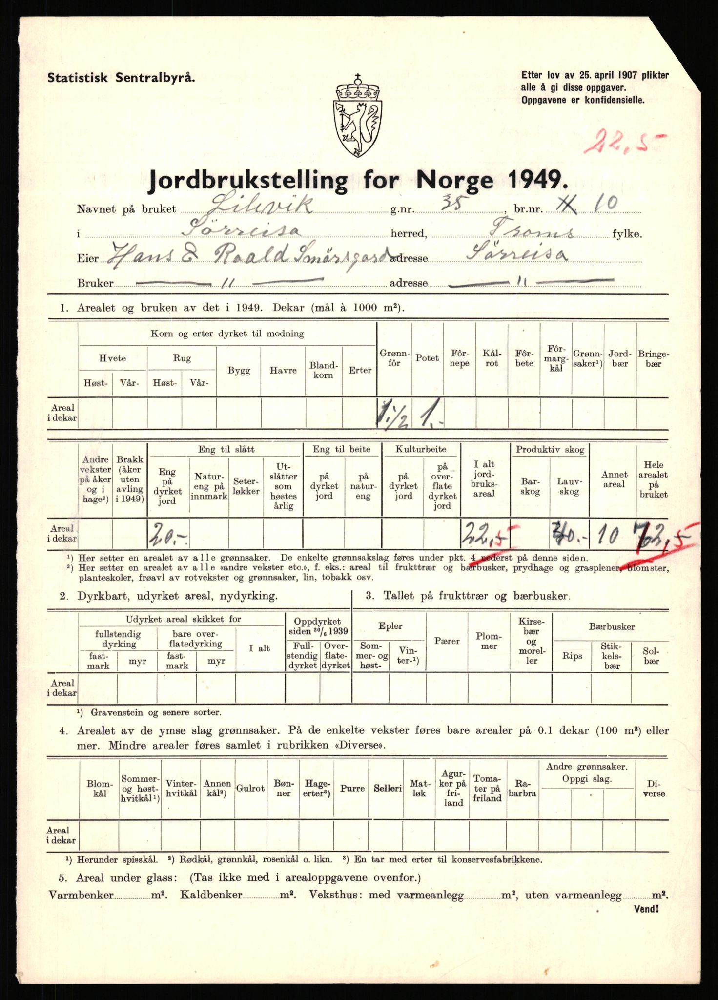 Statistisk sentralbyrå, Næringsøkonomiske emner, Jordbruk, skogbruk, jakt, fiske og fangst, AV/RA-S-2234/G/Gc/L0440: Troms: Sørreisa og Dyrøy, 1949, p. 502