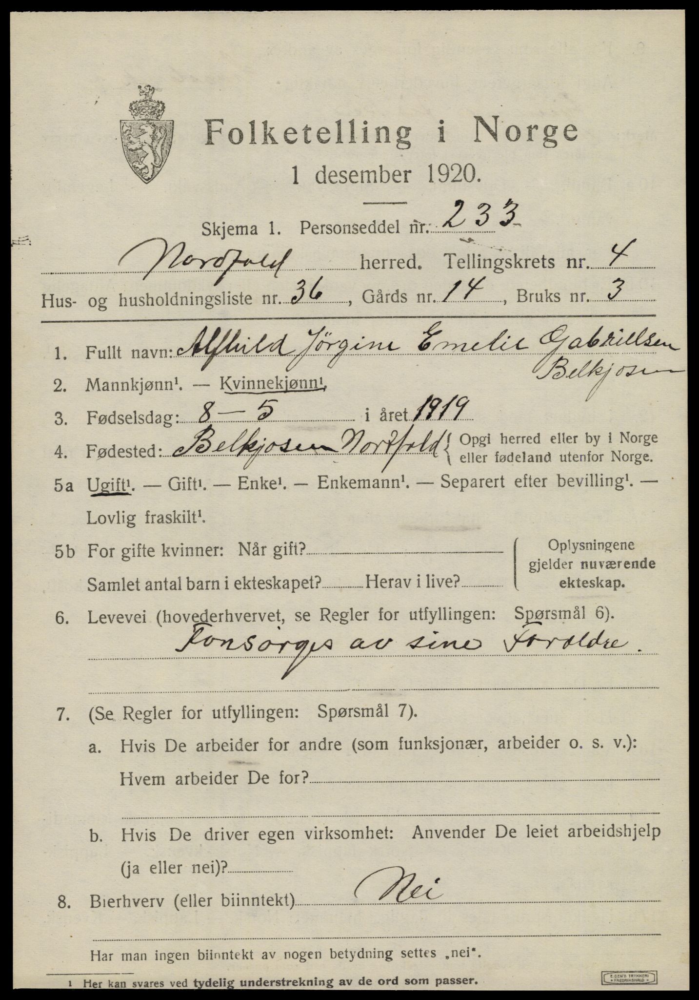 SAT, 1920 census for Nordfold, 1920, p. 2427