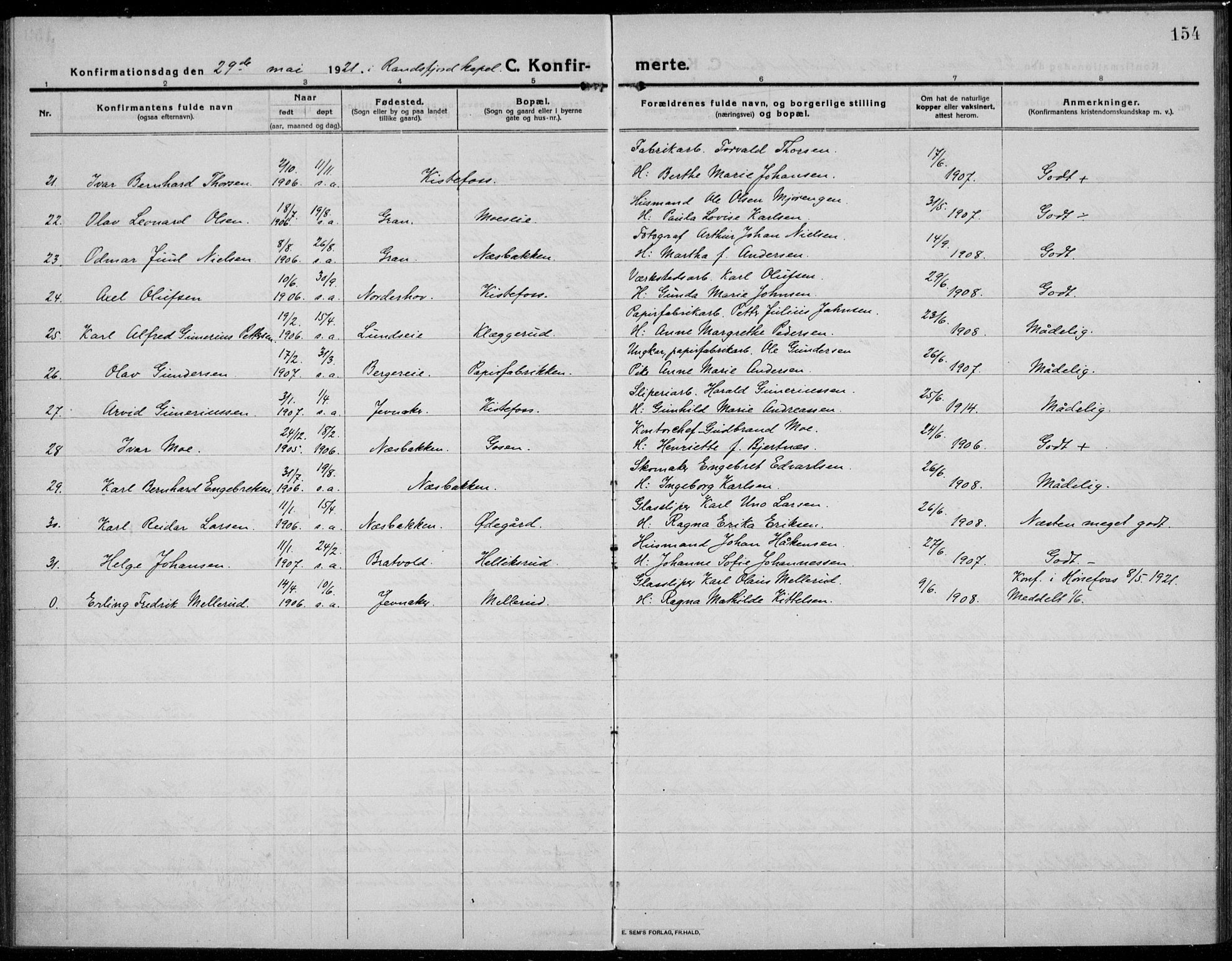 Jevnaker prestekontor, SAH/PREST-116/H/Ha/Haa/L0012: Parish register (official) no. 12, 1914-1924, p. 154