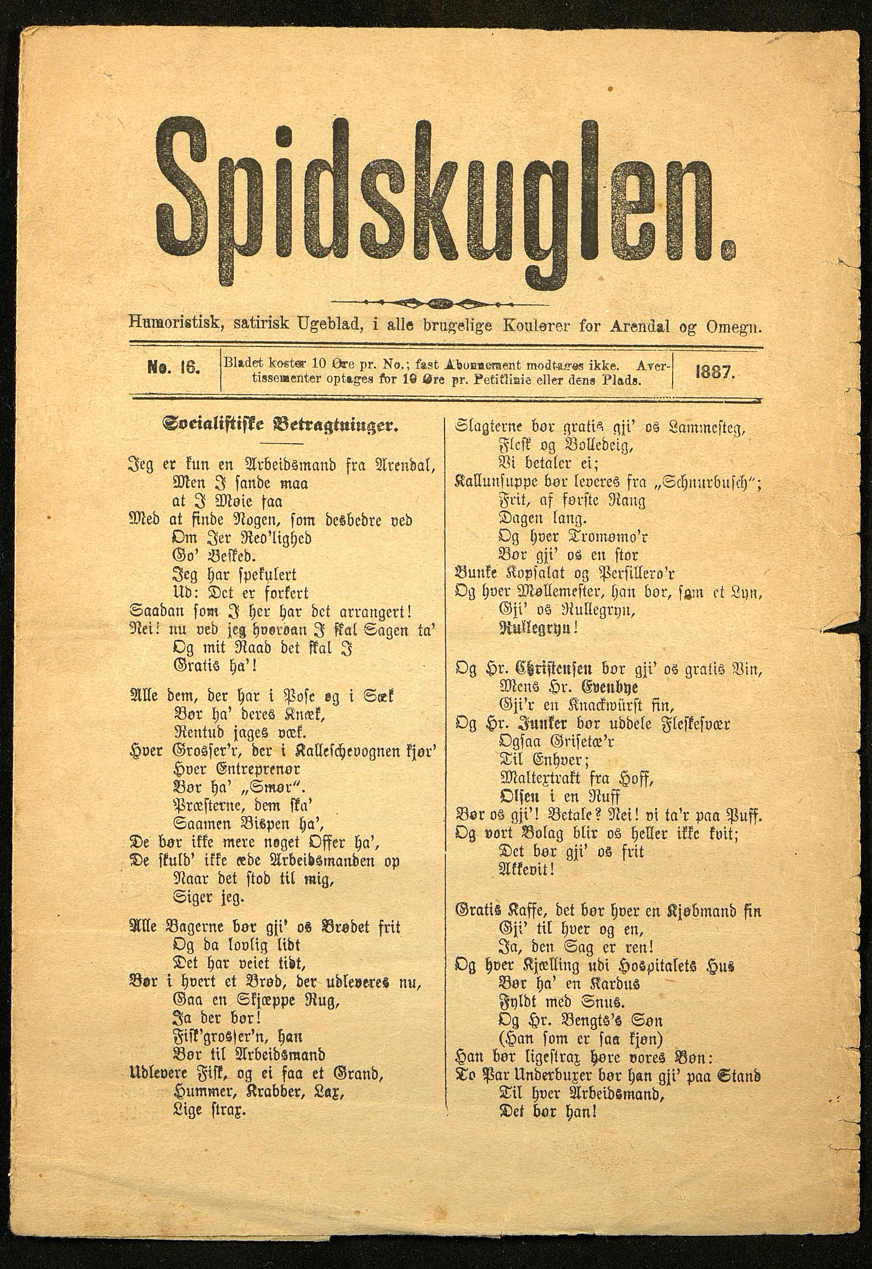 Spidskuglen, AAKS/PA-2823/X/L0001/0001: Spidskuglen / Årg. 1887, nr. 1–2, 4–23, 25–36, 1887