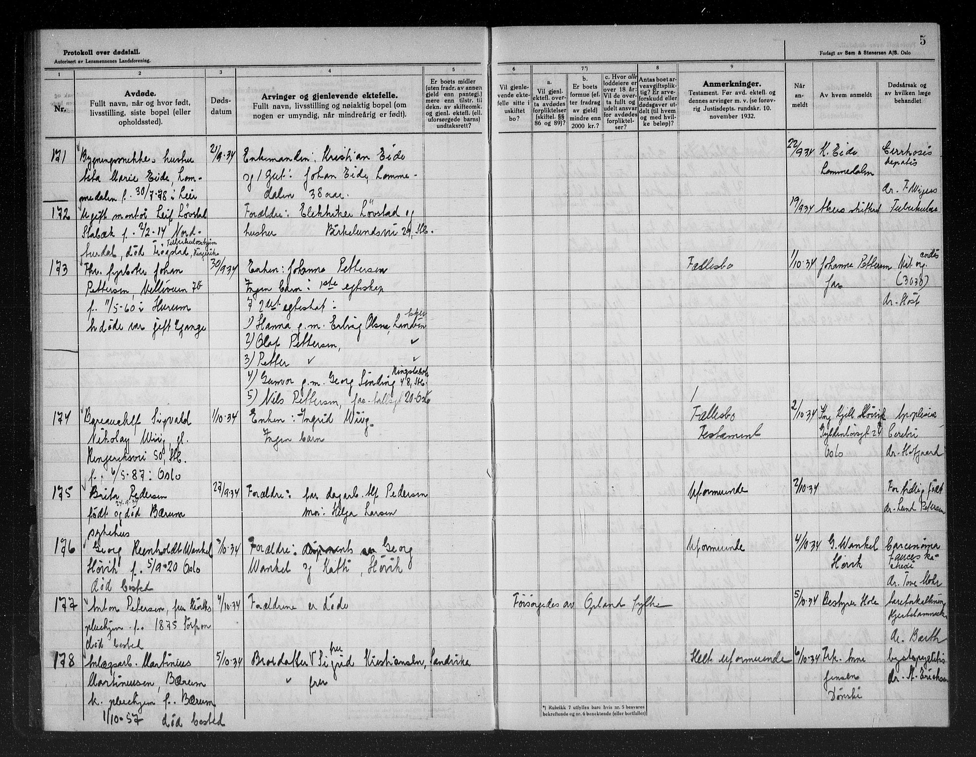 Bærum lensmannskontor, AV/SAO-A-10277/H/Ha/Haa/L0008: Dødsanmeldelsesprotokoll, 1934-1939, p. 5