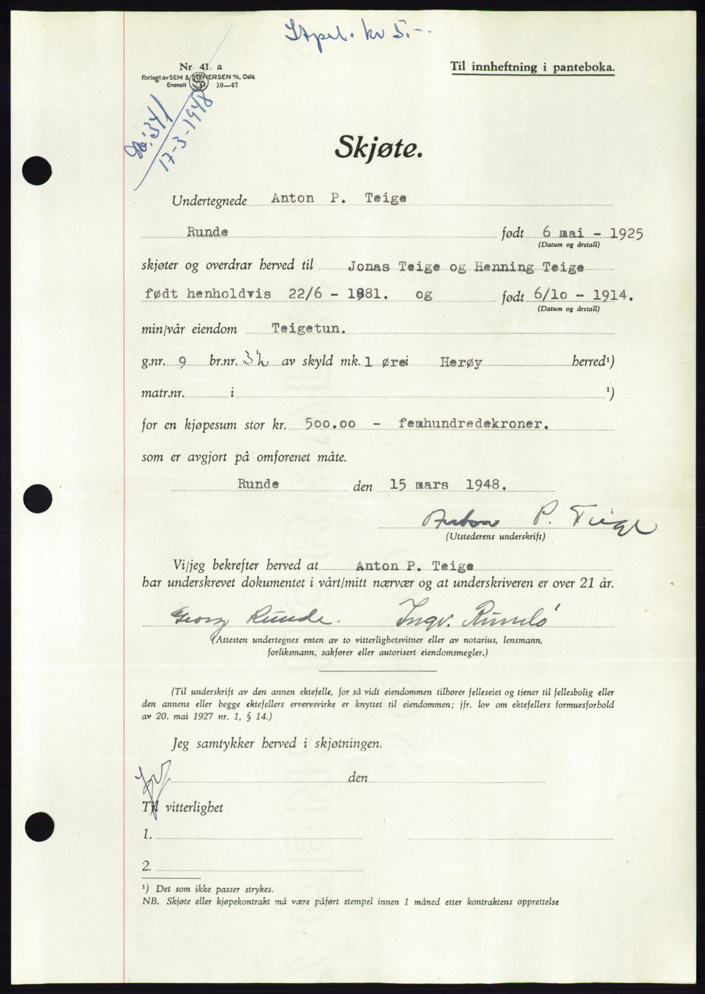 Søre Sunnmøre sorenskriveri, AV/SAT-A-4122/1/2/2C/L0082: Mortgage book no. 8A, 1948-1948, Diary no: : 341/1948