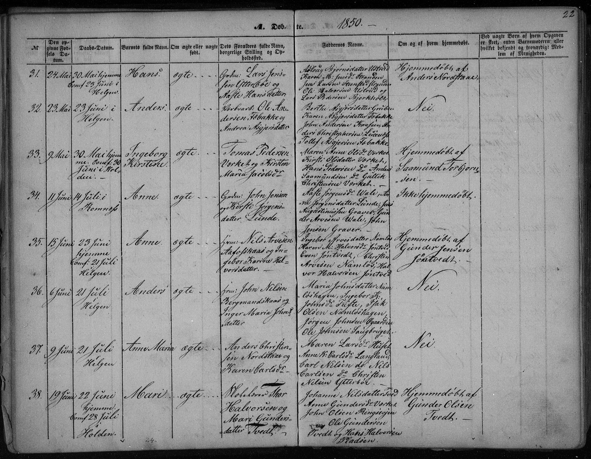 Holla kirkebøker, AV/SAKO-A-272/F/Fa/L0005: Parish register (official) no. 5, 1849-1860, p. 22