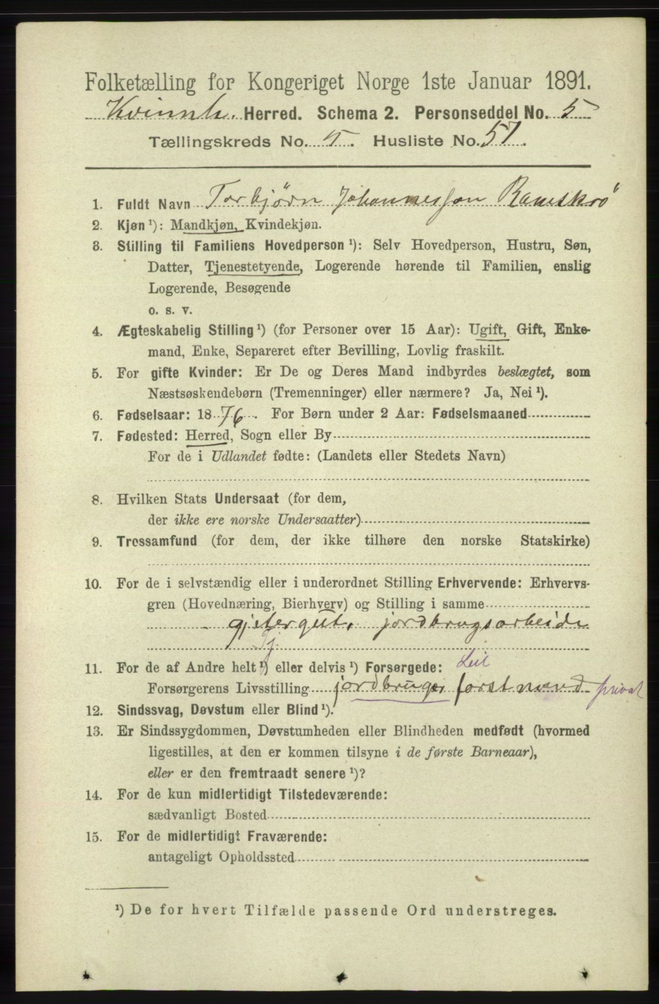 RA, 1891 census for 1224 Kvinnherad, 1891, p. 2071