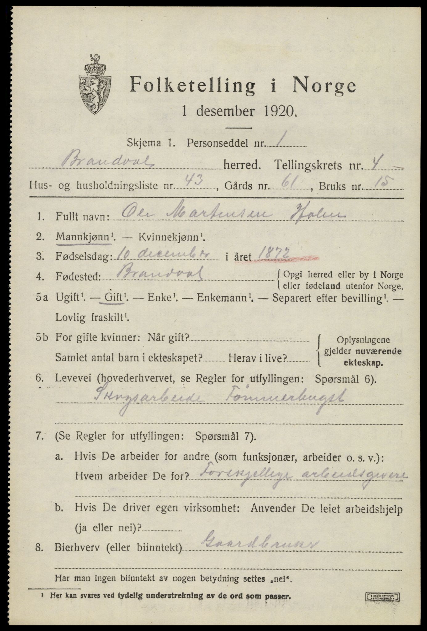 SAH, 1920 census for Brandval, 1920, p. 4256