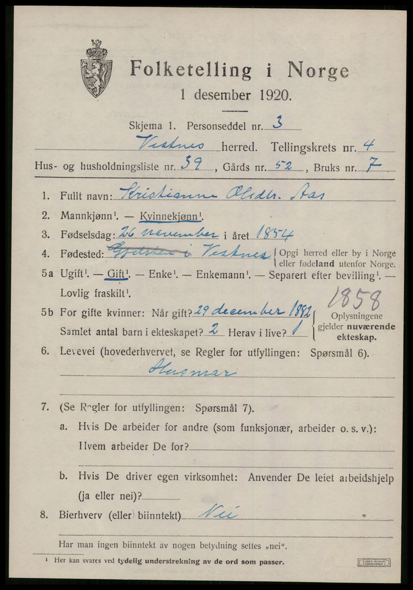 SAT, 1920 census for Vestnes, 1920, p. 3743
