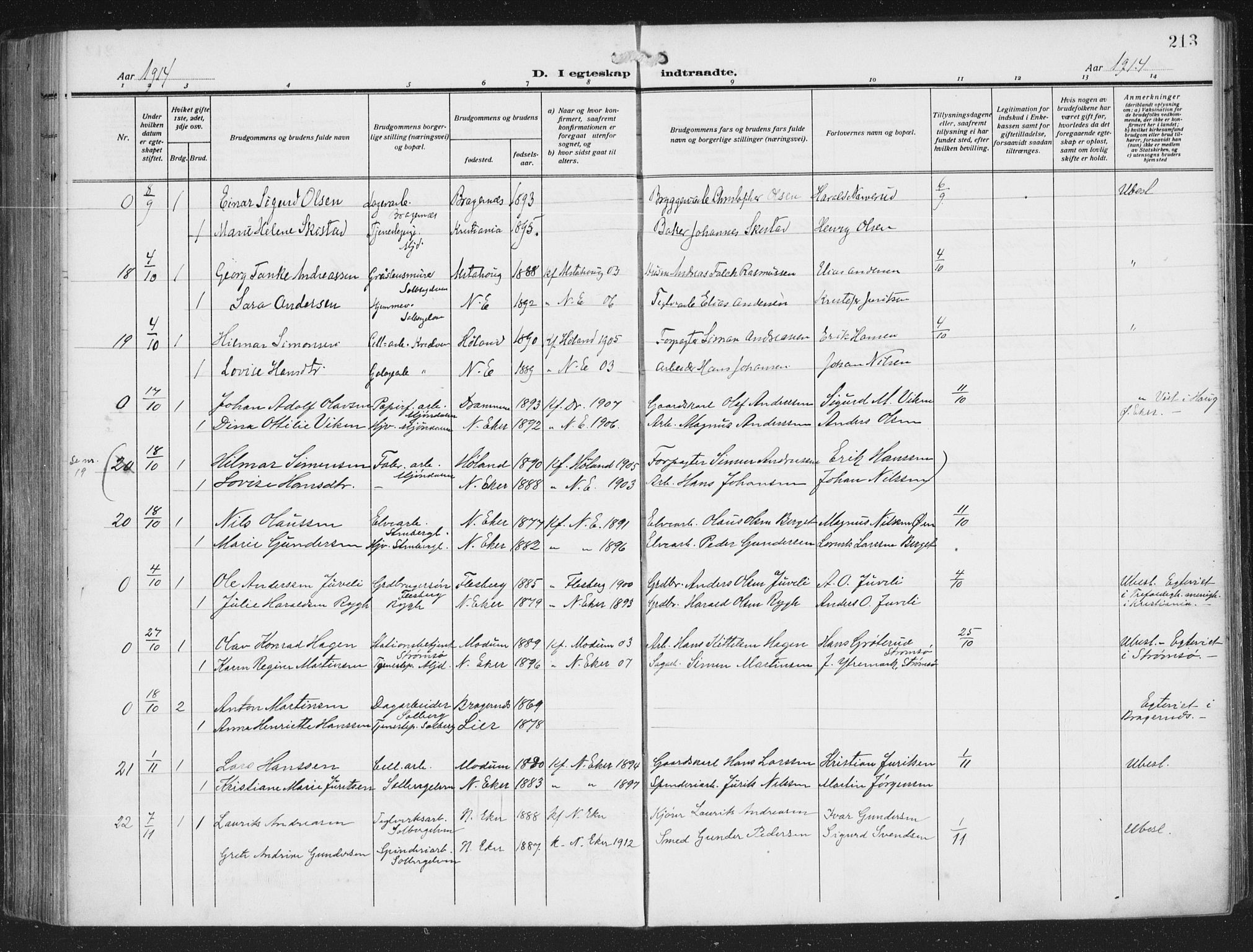 Nedre Eiker kirkebøker, SAKO/A-612/F/Fa/L0007: Parish register (official) no. 7, 1912-1918, p. 213