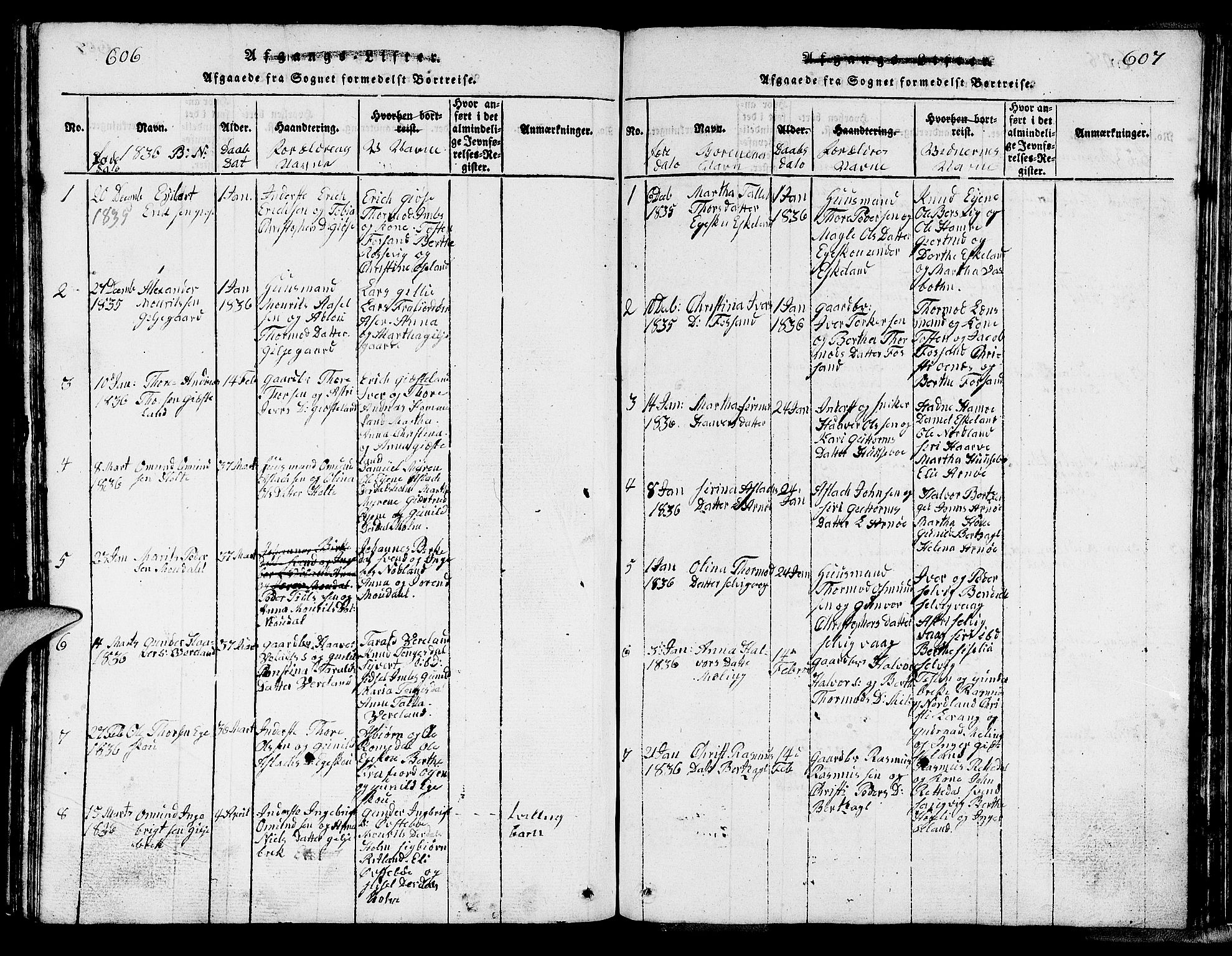 Strand sokneprestkontor, SAST/A-101828/H/Ha/Hab/L0002: Parish register (copy) no. B 2, 1816-1854, p. 606-607