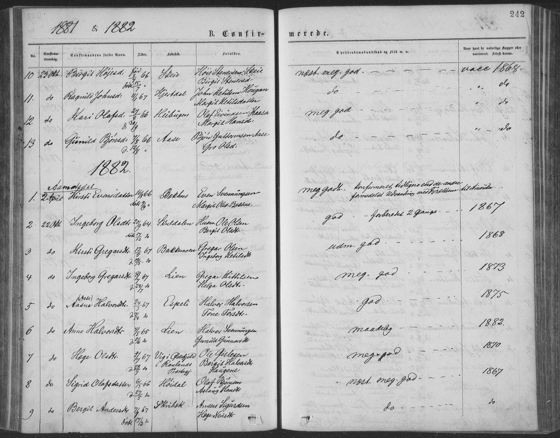 Seljord kirkebøker, SAKO/A-20/F/Fa/L0014: Parish register (official) no. I 14, 1877-1886, p. 242