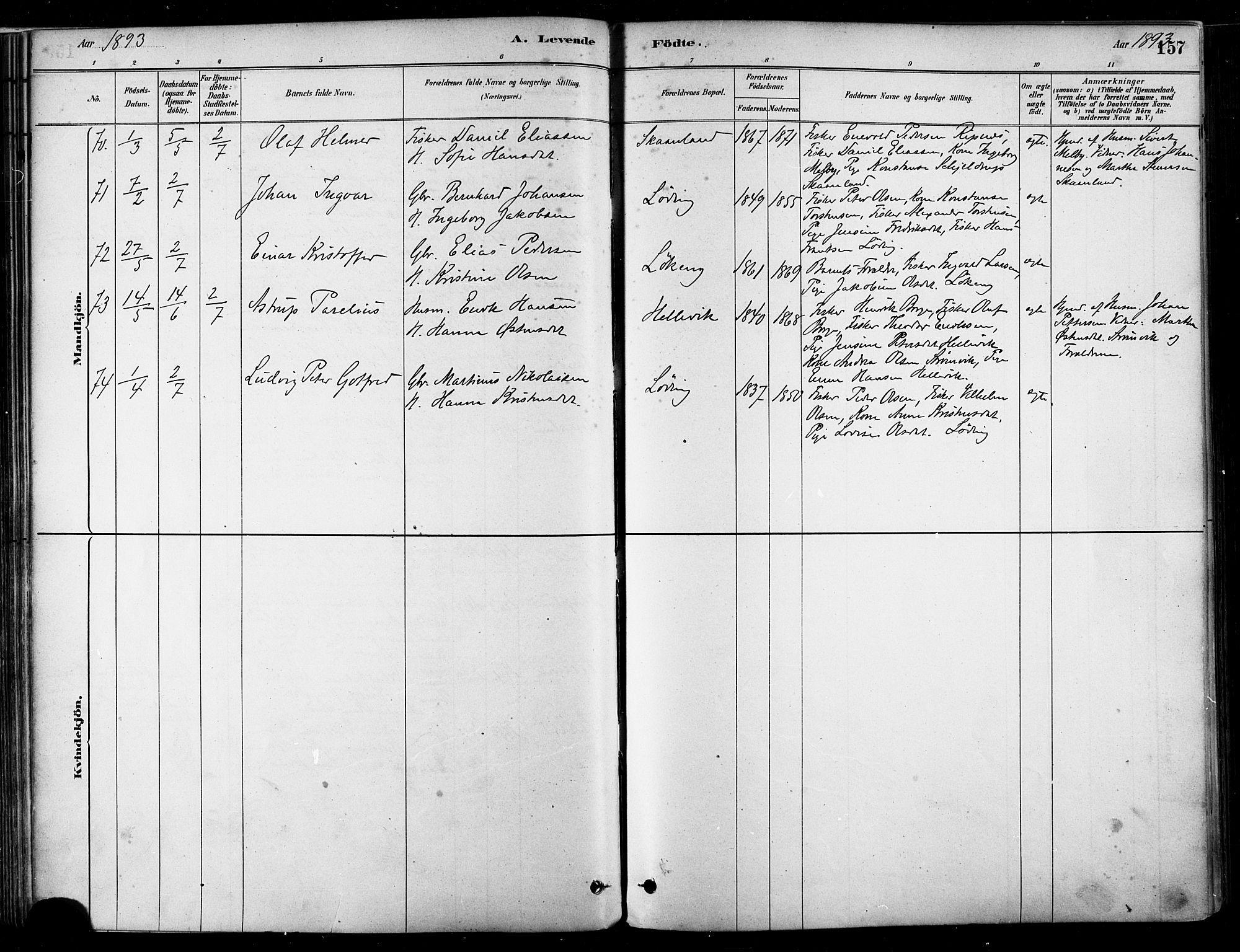 Ministerialprotokoller, klokkerbøker og fødselsregistre - Nordland, AV/SAT-A-1459/802/L0054: Parish register (official) no. 802A01, 1879-1893, p. 157