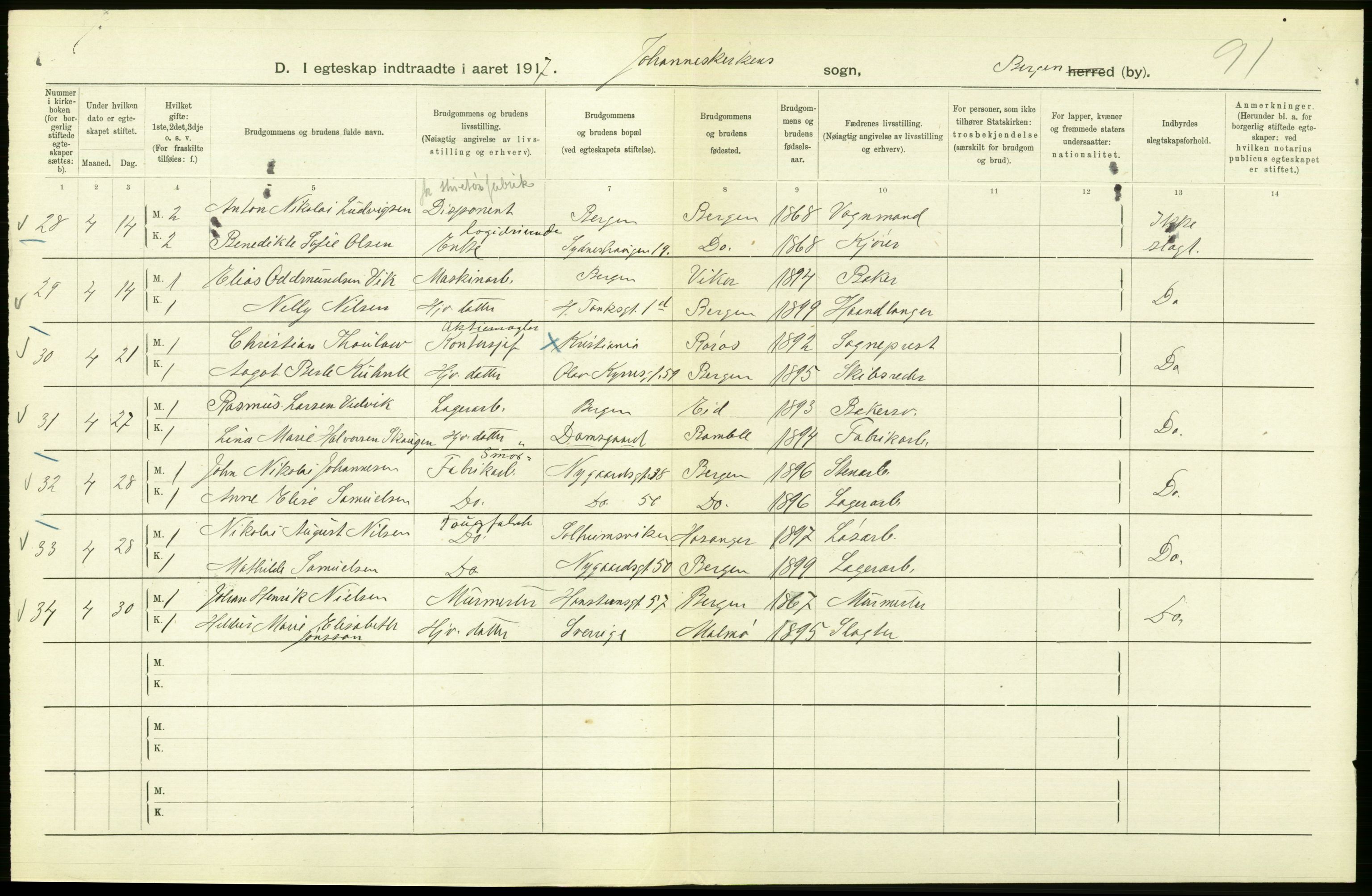 Statistisk sentralbyrå, Sosiodemografiske emner, Befolkning, AV/RA-S-2228/D/Df/Dfb/Dfbg/L0038: Bergen: Gifte, døde, dødfødte., 1917, p. 88