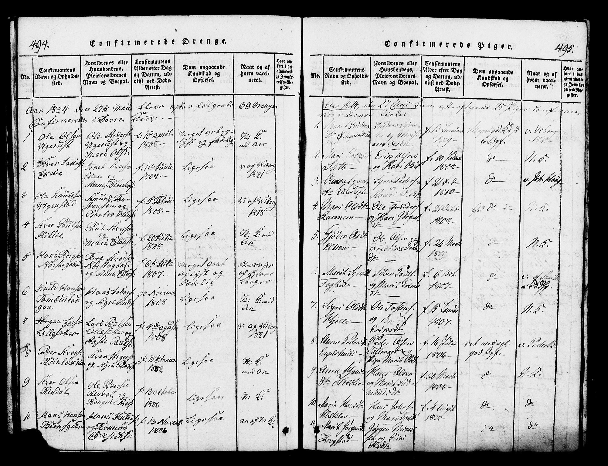Lesja prestekontor, SAH/PREST-068/H/Ha/Hab/L0001: Parish register (copy) no. 1, 1820-1831, p. 494-495