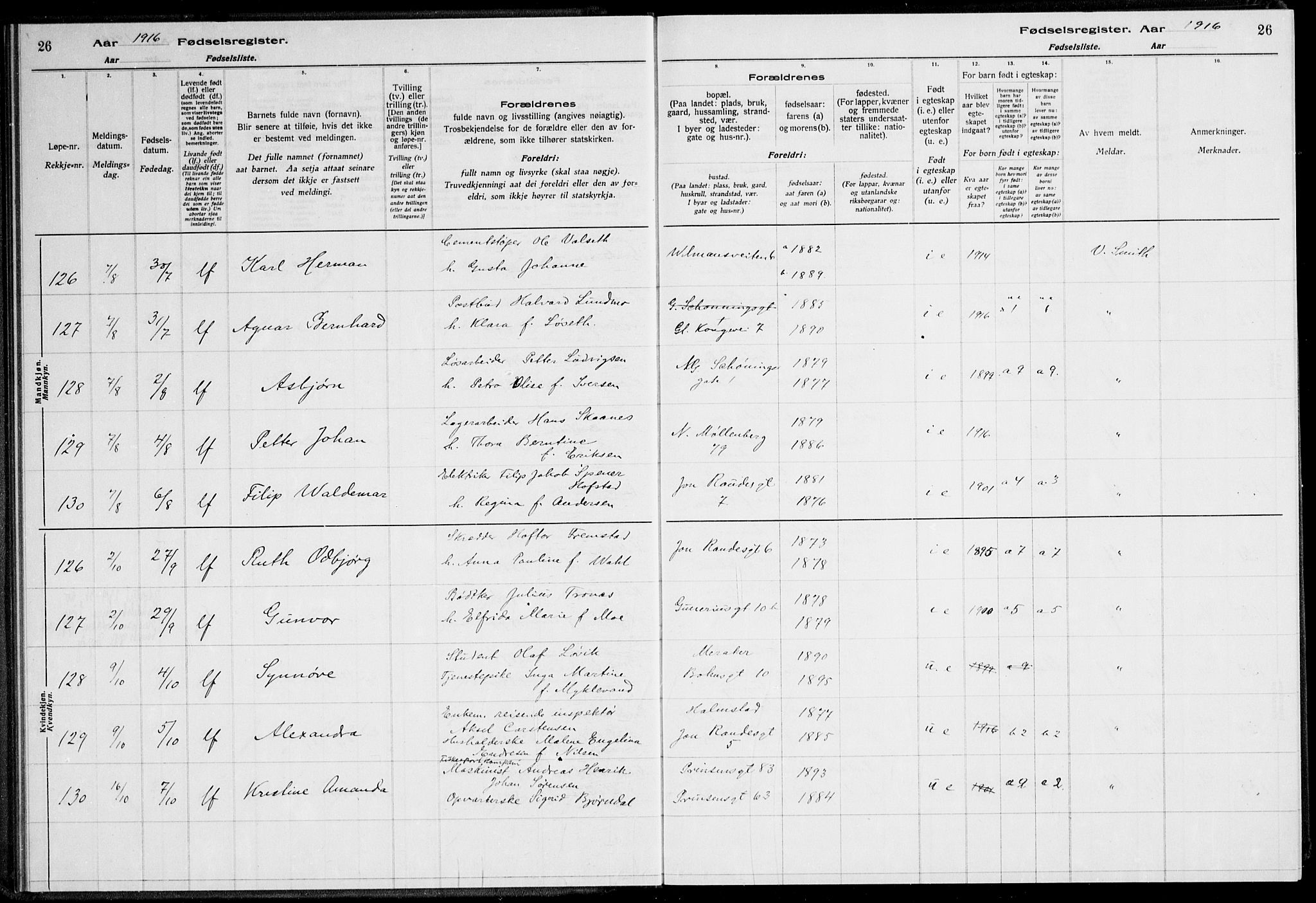 Ministerialprotokoller, klokkerbøker og fødselsregistre - Sør-Trøndelag, SAT/A-1456/600/L0002: Birth register no. 600.II.4.1, 1916-1920, p. 26