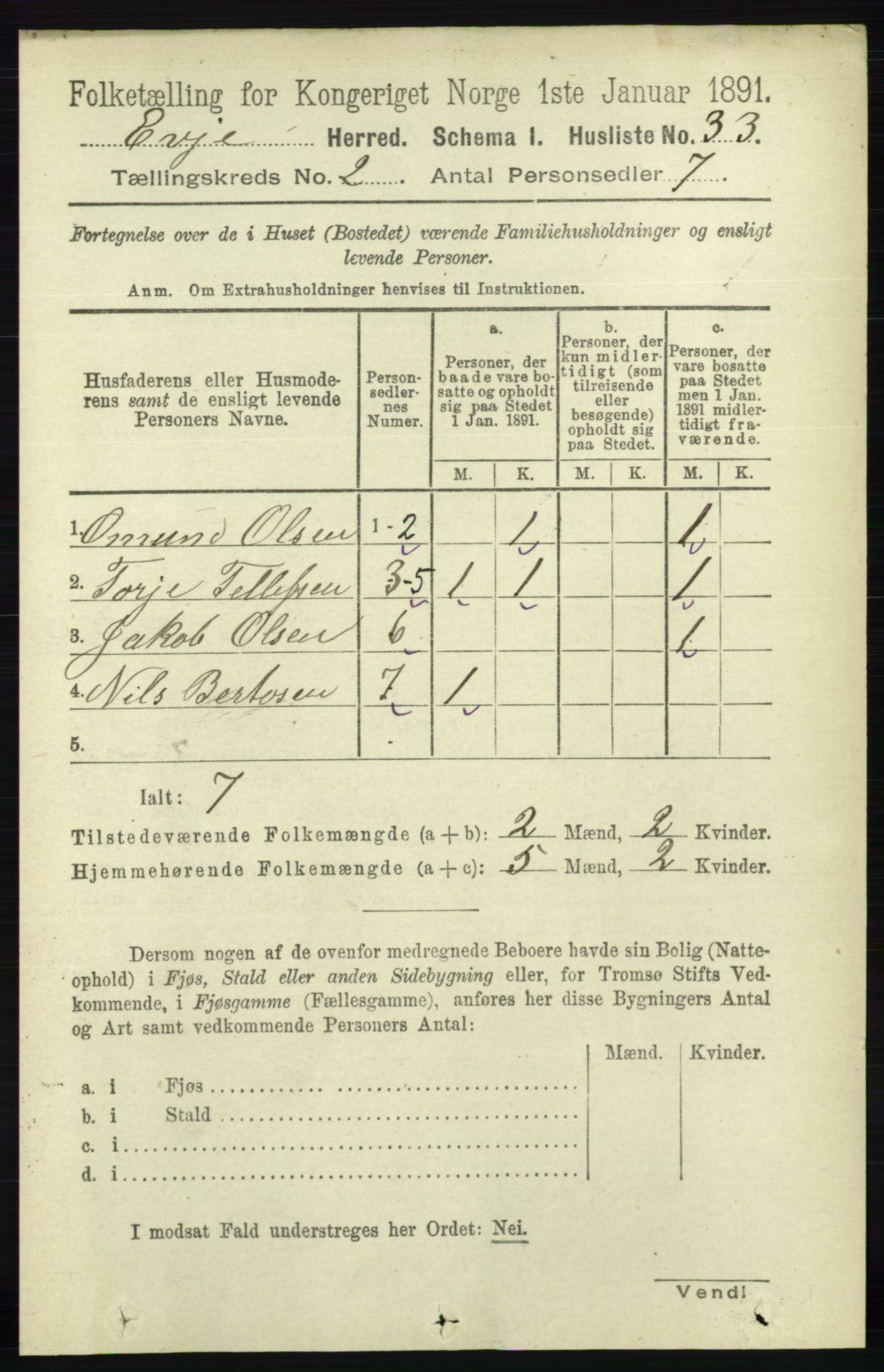 RA, 1891 census for 0937 Evje, 1891, p. 367