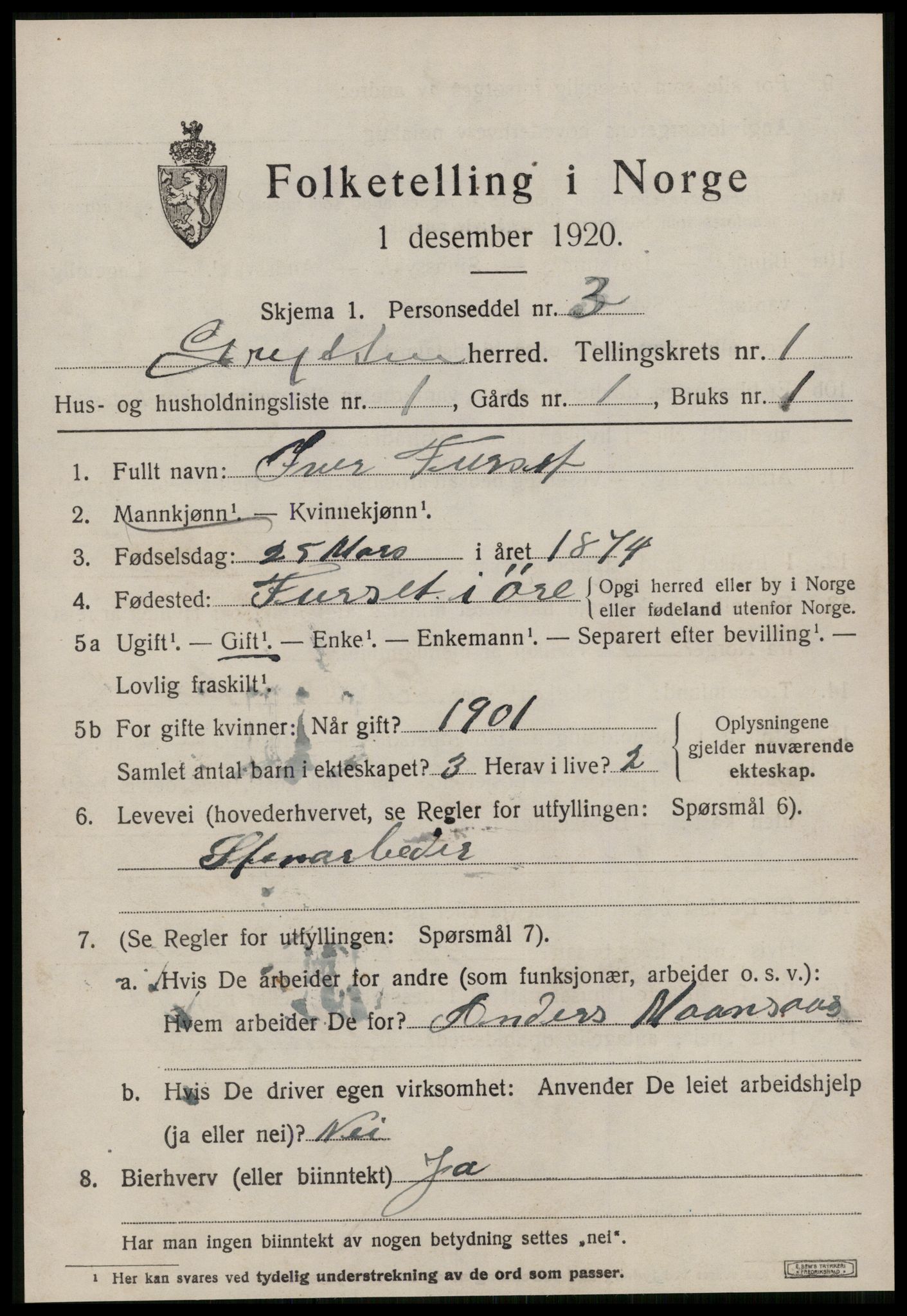 SAT, 1920 census for Grytten, 1920, p. 838