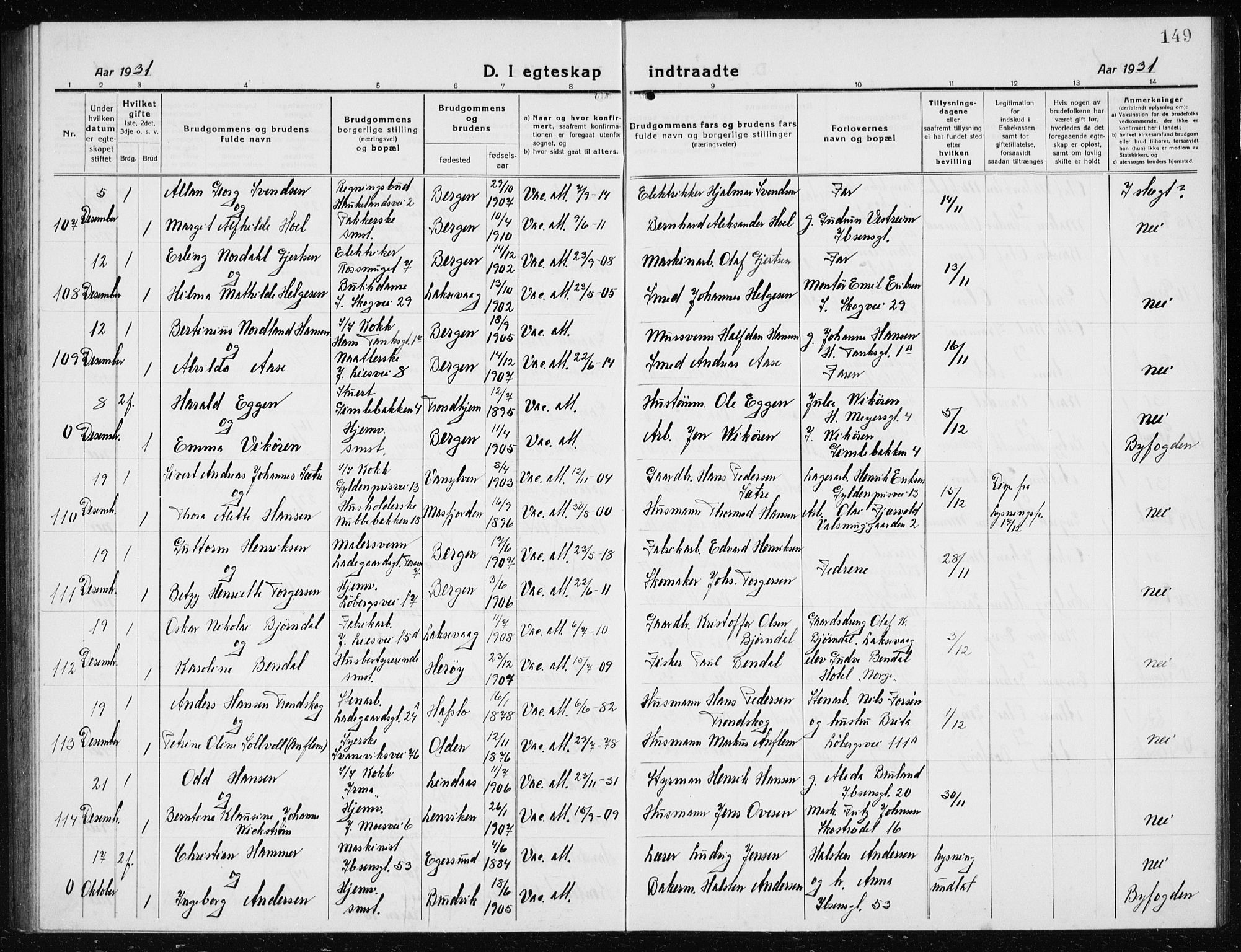 Årstad Sokneprestembete, AV/SAB-A-79301/H/Hab/L0020: Parish register (copy) no. C  2, 1920-1935, p. 149