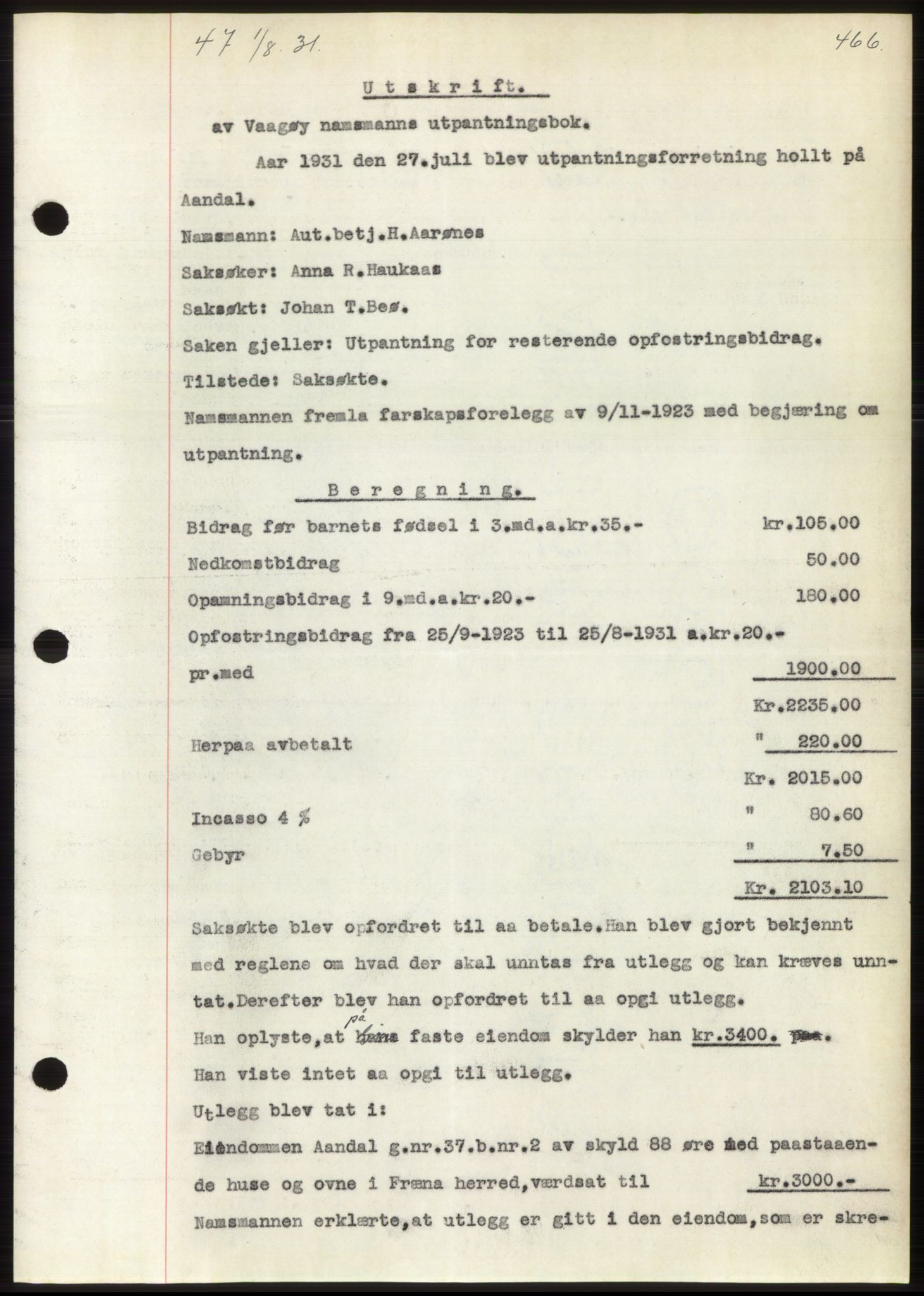 Romsdal sorenskriveri, AV/SAT-A-4149/1/2/2C/L0059: Mortgage book no. 53, 1931-1931, Deed date: 01.08.1931