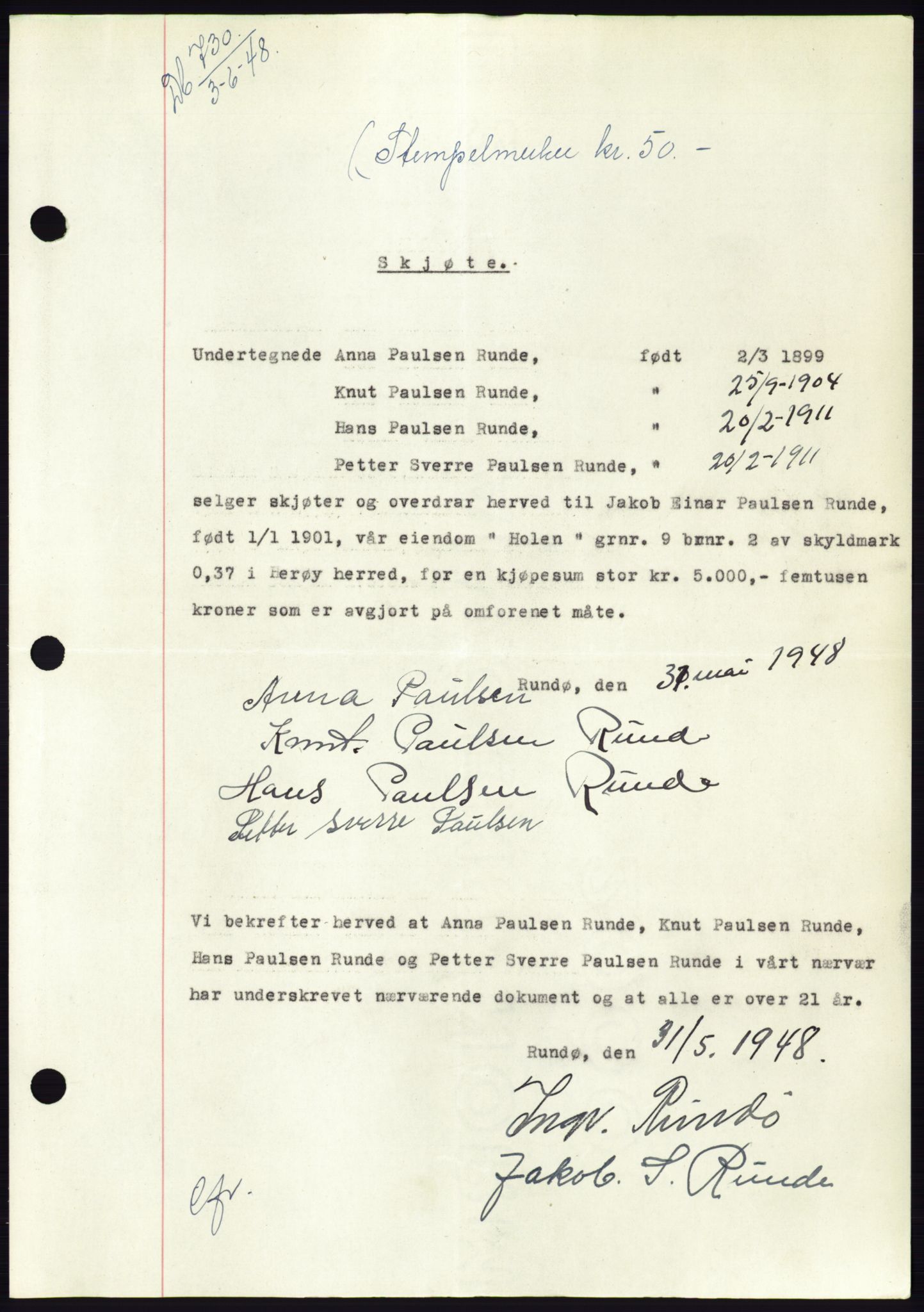 Søre Sunnmøre sorenskriveri, AV/SAT-A-4122/1/2/2C/L0082: Mortgage book no. 8A, 1948-1948, Diary no: : 730/1948