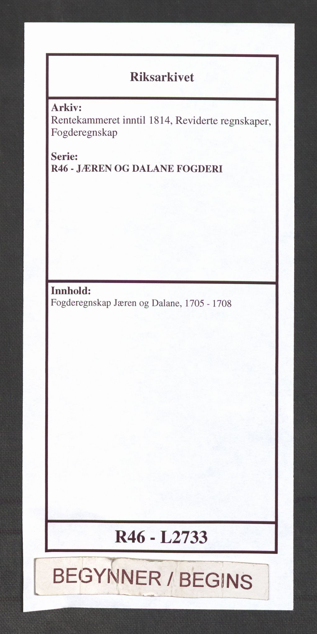 Rentekammeret inntil 1814, Reviderte regnskaper, Fogderegnskap, RA/EA-4092/R46/L2733: Fogderegnskap Jæren og Dalane, 1705-1708, p. 1