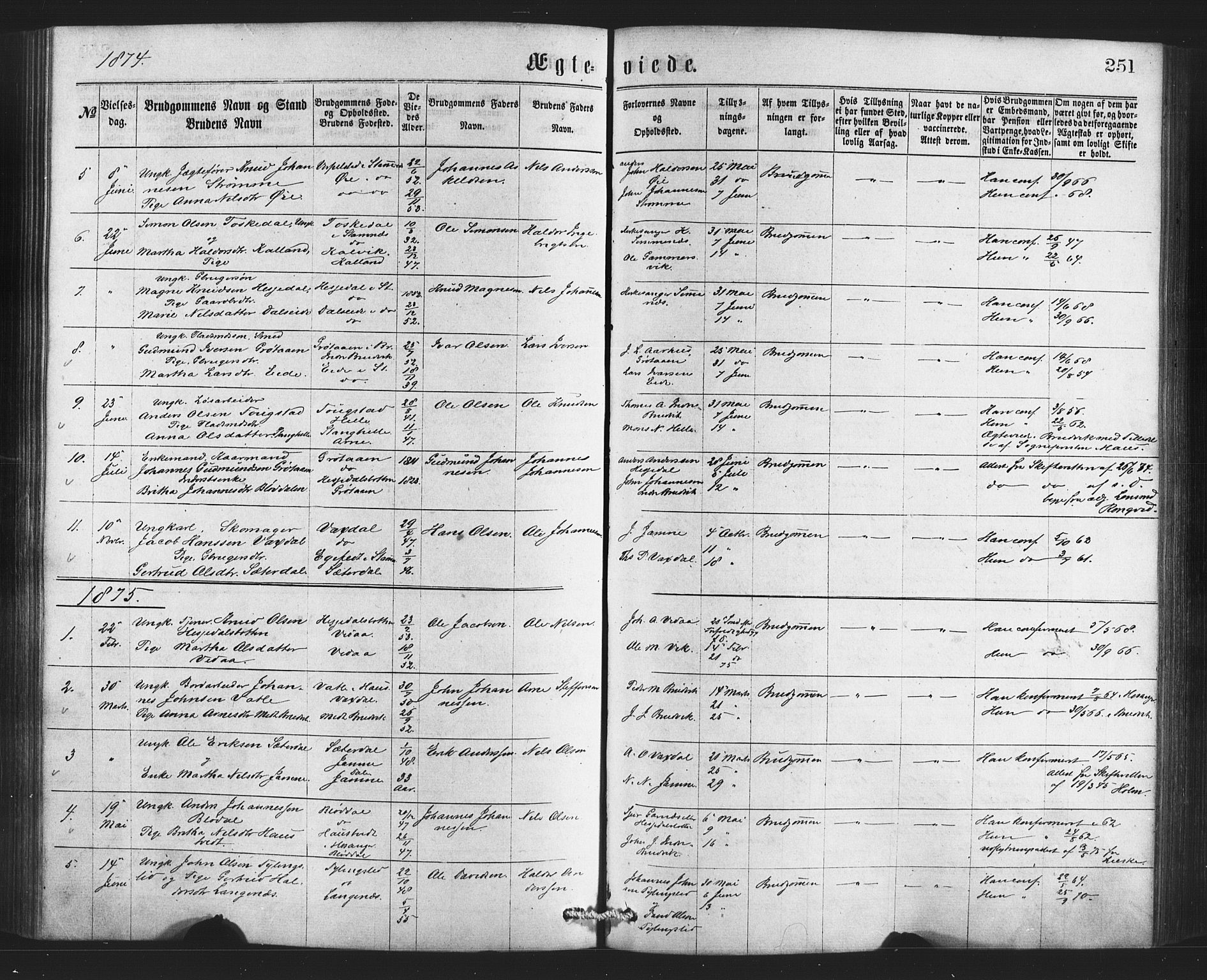 Bruvik Sokneprestembete, SAB/A-74701/H/Haa: Parish register (official) no. A 1, 1869-1877, p. 251