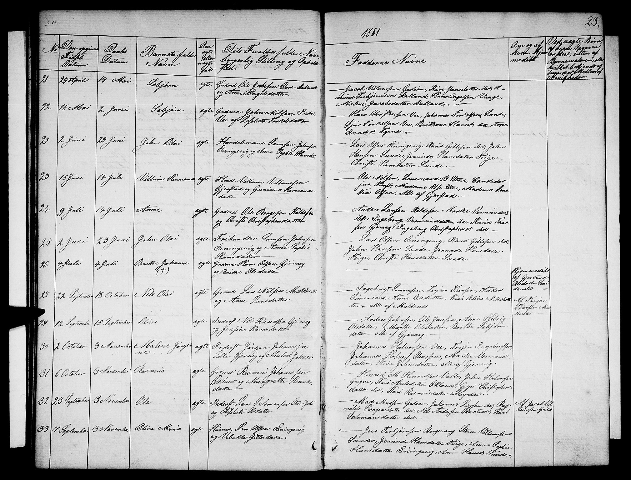 Tysnes sokneprestembete, SAB/A-78601/H/Hab: Parish register (copy) no. B 1, 1855-1877, p. 23