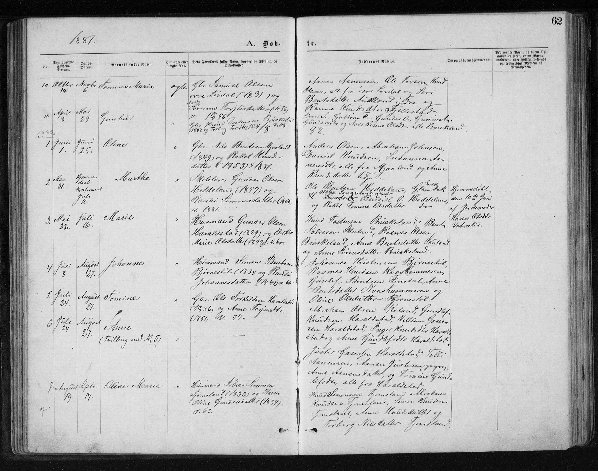 Holum sokneprestkontor, SAK/1111-0022/F/Fb/Fbb/L0003: Parish register (copy) no. B 3, 1875-1898, p. 62