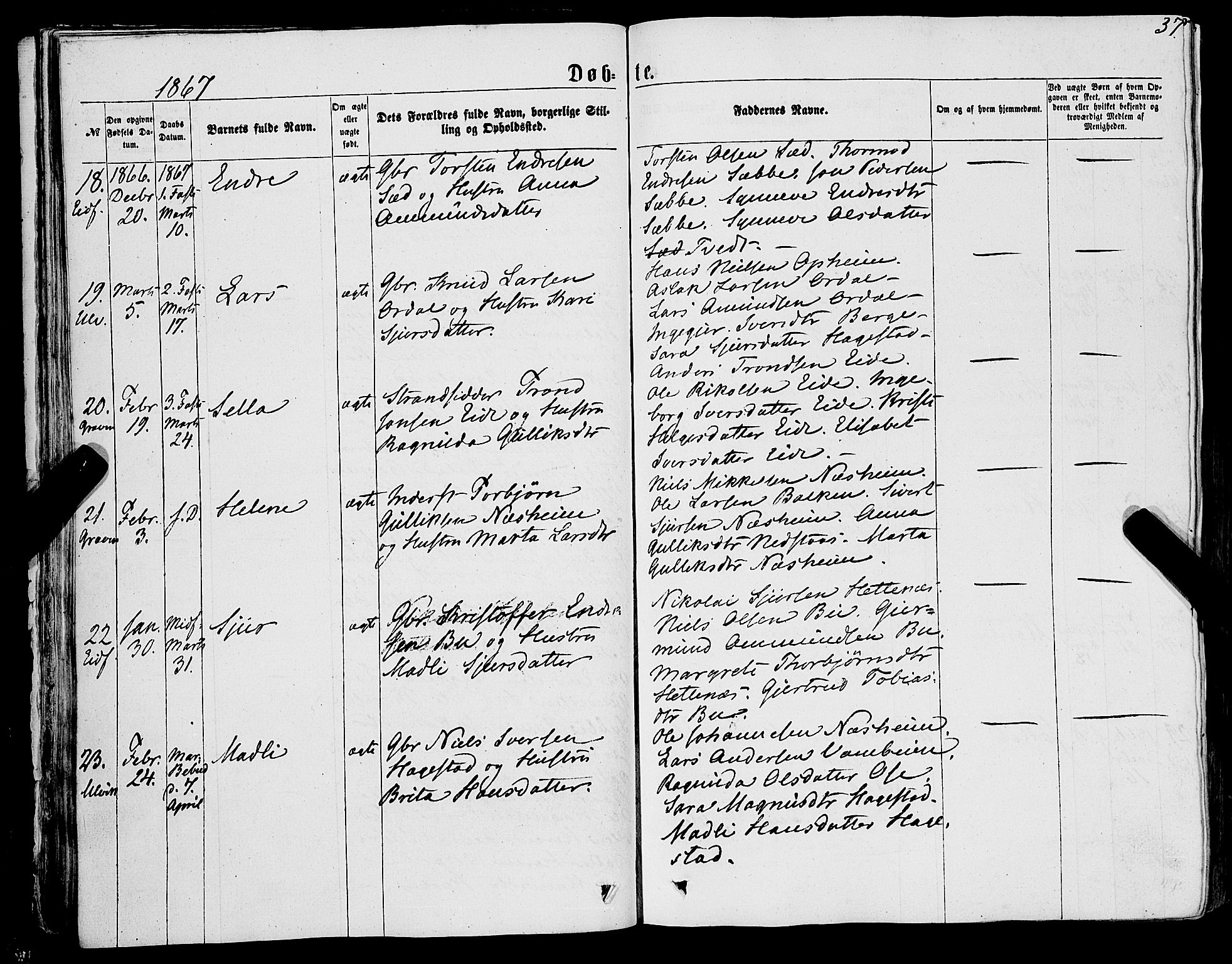 Ulvik sokneprestembete, AV/SAB-A-78801/H/Haa: Parish register (official) no. A 15, 1864-1878, p. 37