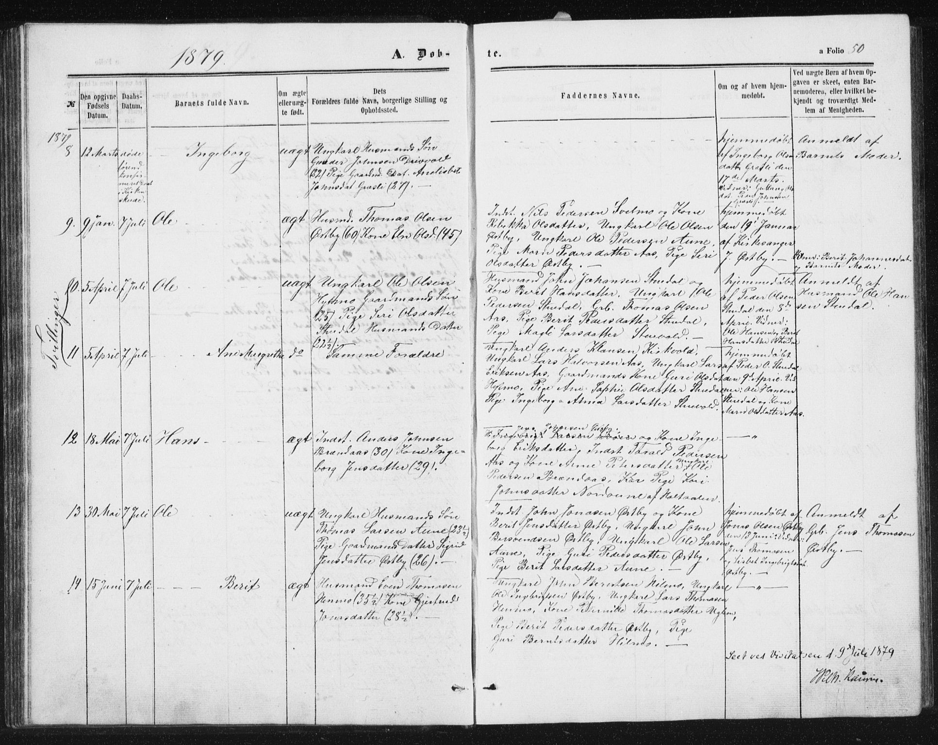 Ministerialprotokoller, klokkerbøker og fødselsregistre - Sør-Trøndelag, SAT/A-1456/698/L1166: Parish register (copy) no. 698C03, 1861-1887, p. 50