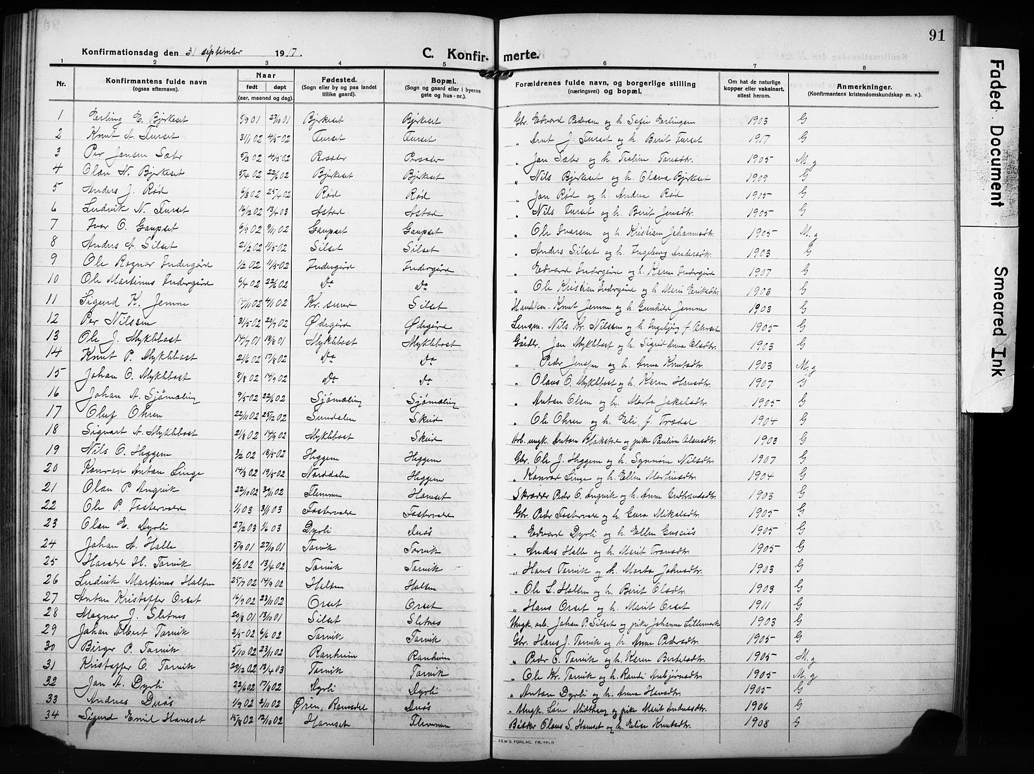 Ministerialprotokoller, klokkerbøker og fødselsregistre - Møre og Romsdal, AV/SAT-A-1454/584/L0970: Parish register (copy) no. 584C03, 1912-1932, p. 91