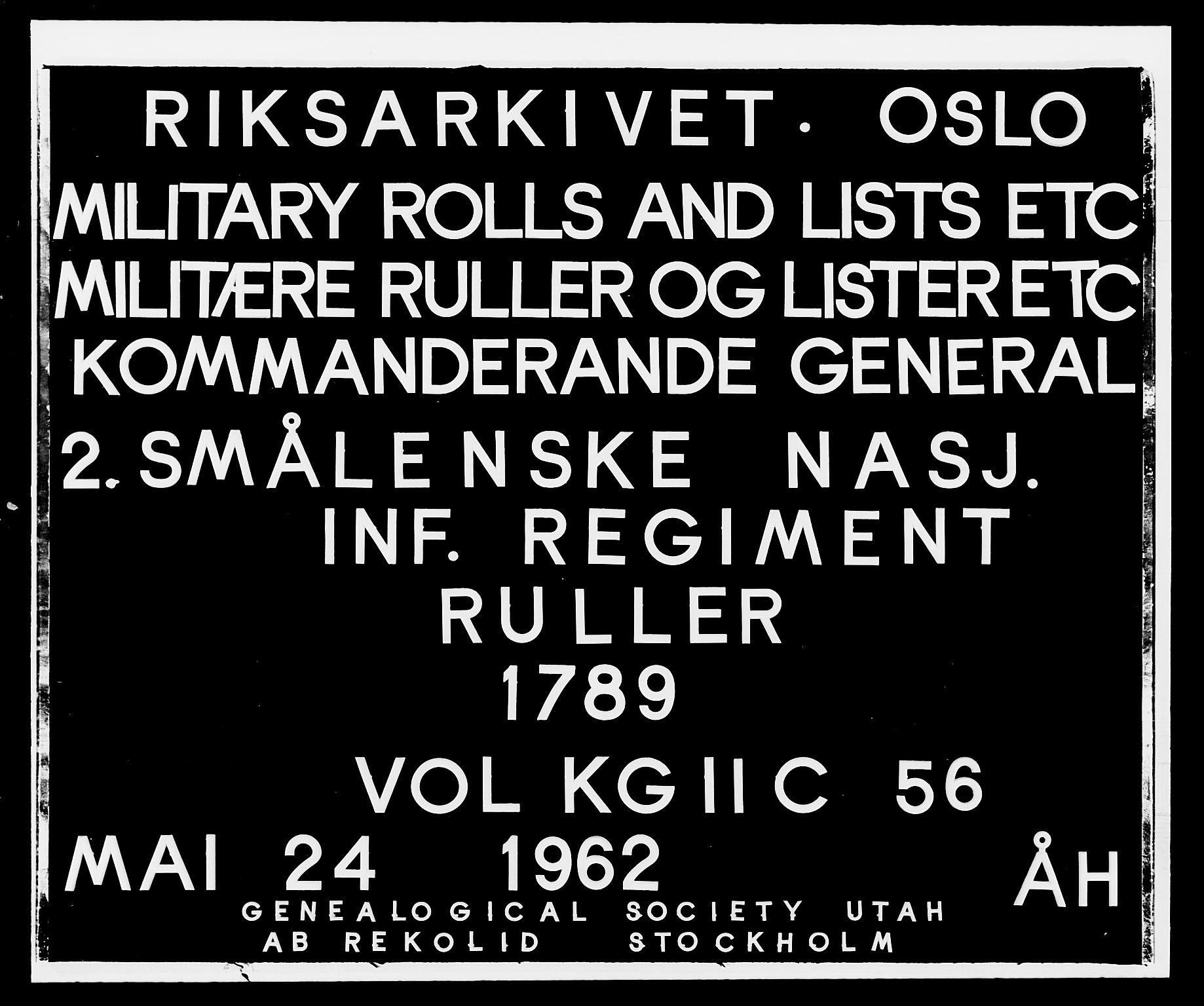 Generalitets- og kommissariatskollegiet, Det kongelige norske kommissariatskollegium, AV/RA-EA-5420/E/Eh/L0056: 2. Smålenske nasjonale infanteriregiment, 1789, p. 1
