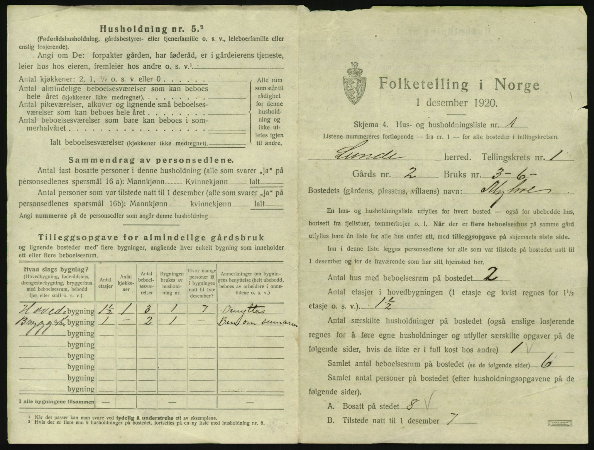 SAKO, 1920 census for Lunde, 1920, p. 43