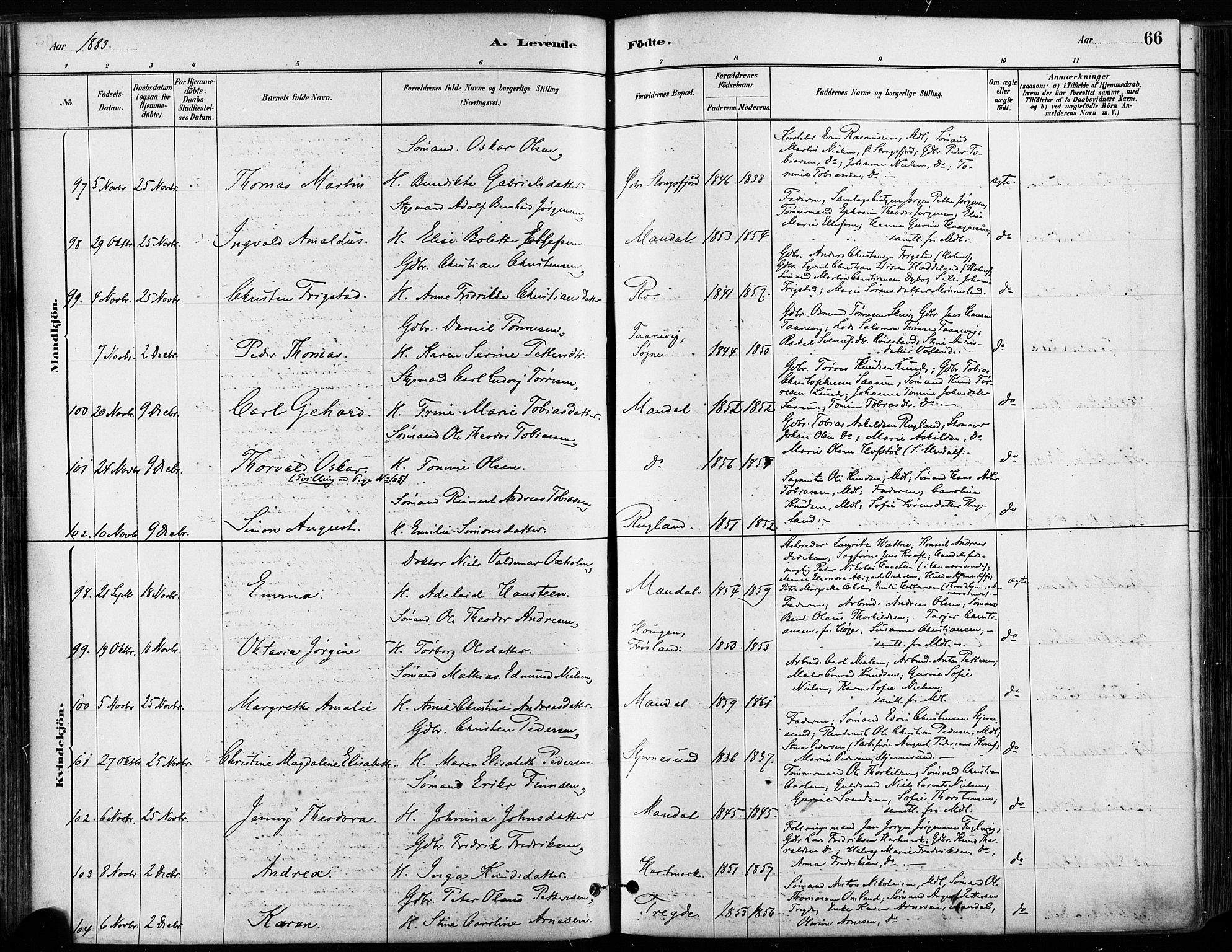 Mandal sokneprestkontor, AV/SAK-1111-0030/F/Fa/Faa/L0016: Parish register (official) no. A 16, 1880-1890, p. 66