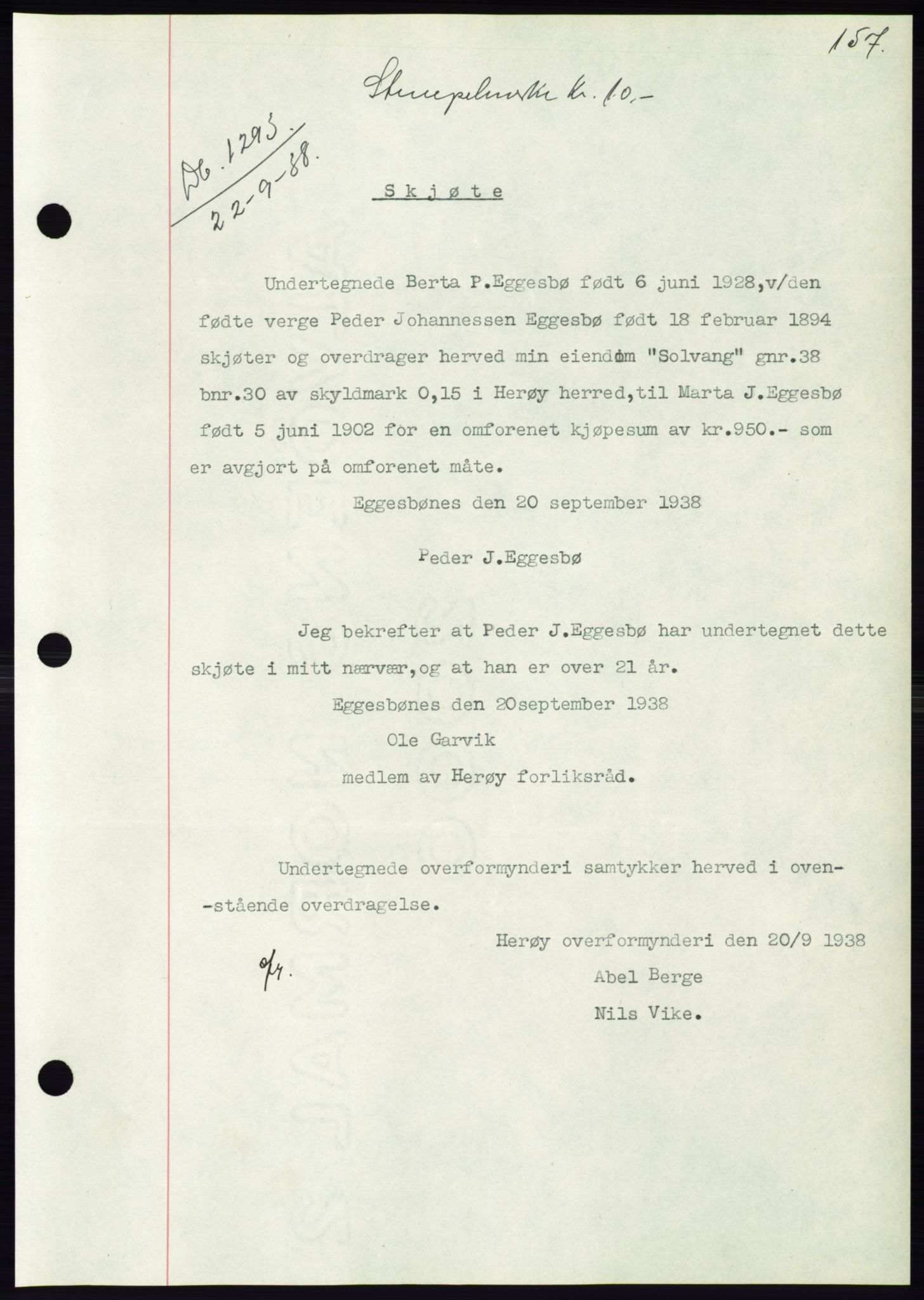 Søre Sunnmøre sorenskriveri, AV/SAT-A-4122/1/2/2C/L0066: Mortgage book no. 60, 1938-1938, Diary no: : 1293/1938