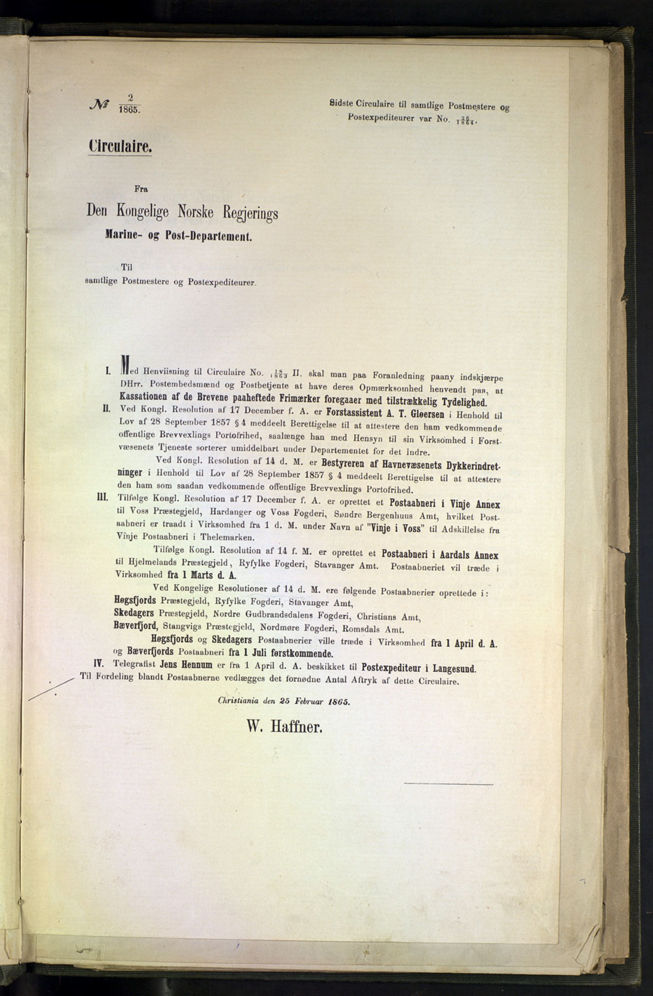 Norges Postmuseums bibliotek, NOPO/-/-/-: Sirkulærer fra Den Kongelige Norske Regjerings Marine- og Postdepartement, 1865